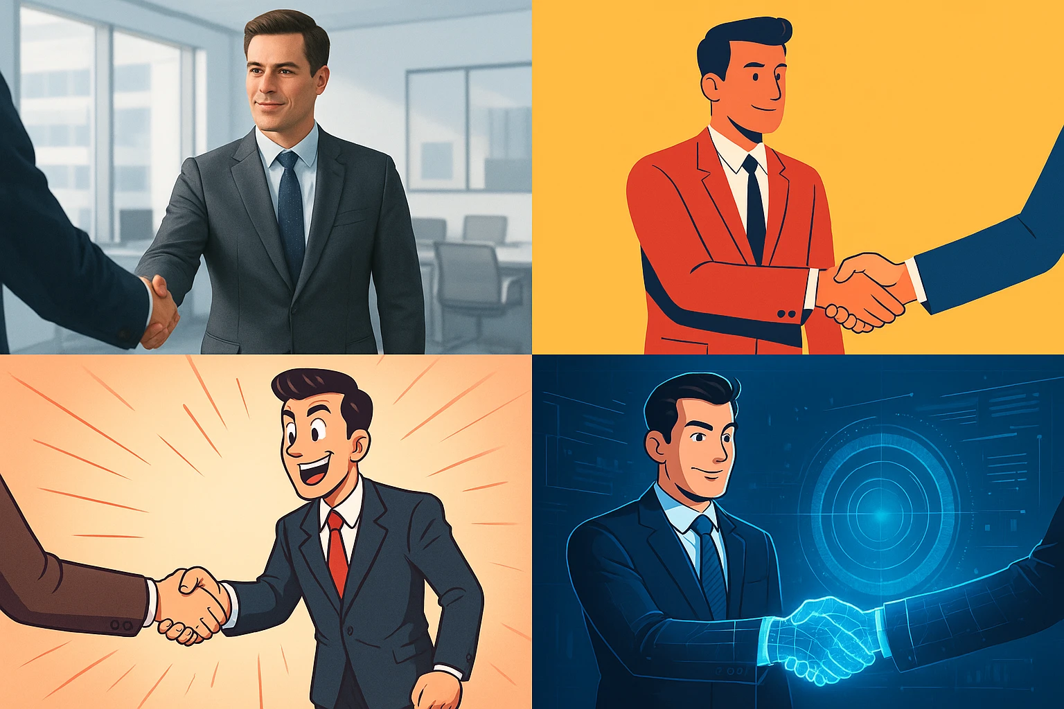 A confident businessperson shaking hands, symbolizing closing a deal, in four distinct visual interpretations. emoji