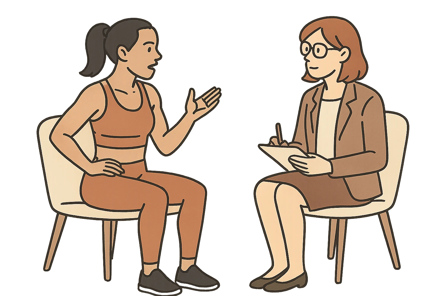donna fitness parla con uno psicologo, sfondo bianco emoji