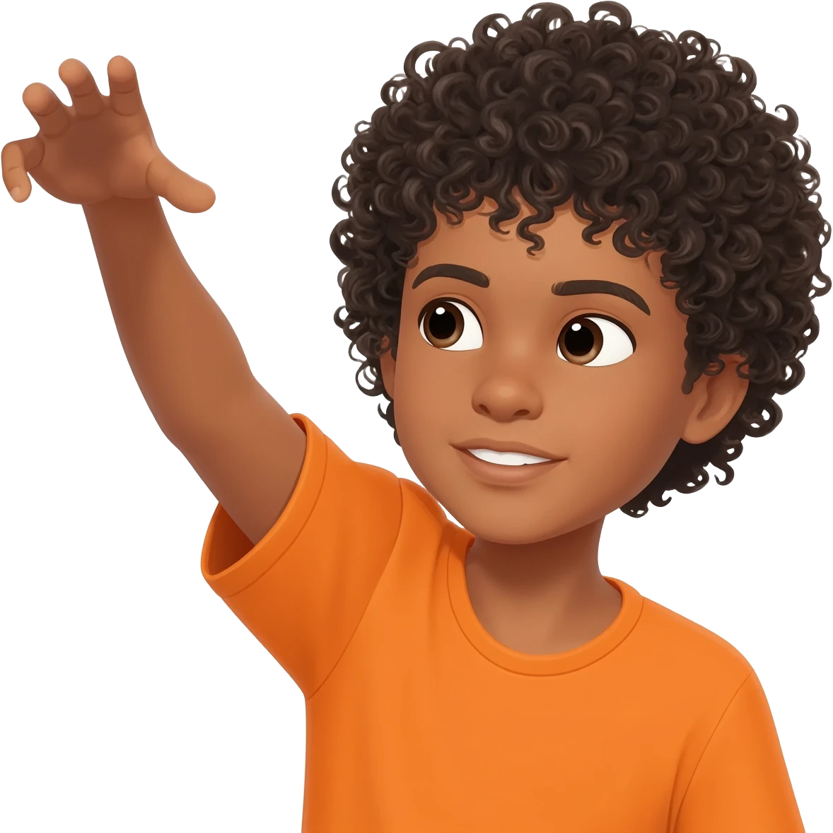 black boy curly hair orange shirt reaching for something emoji