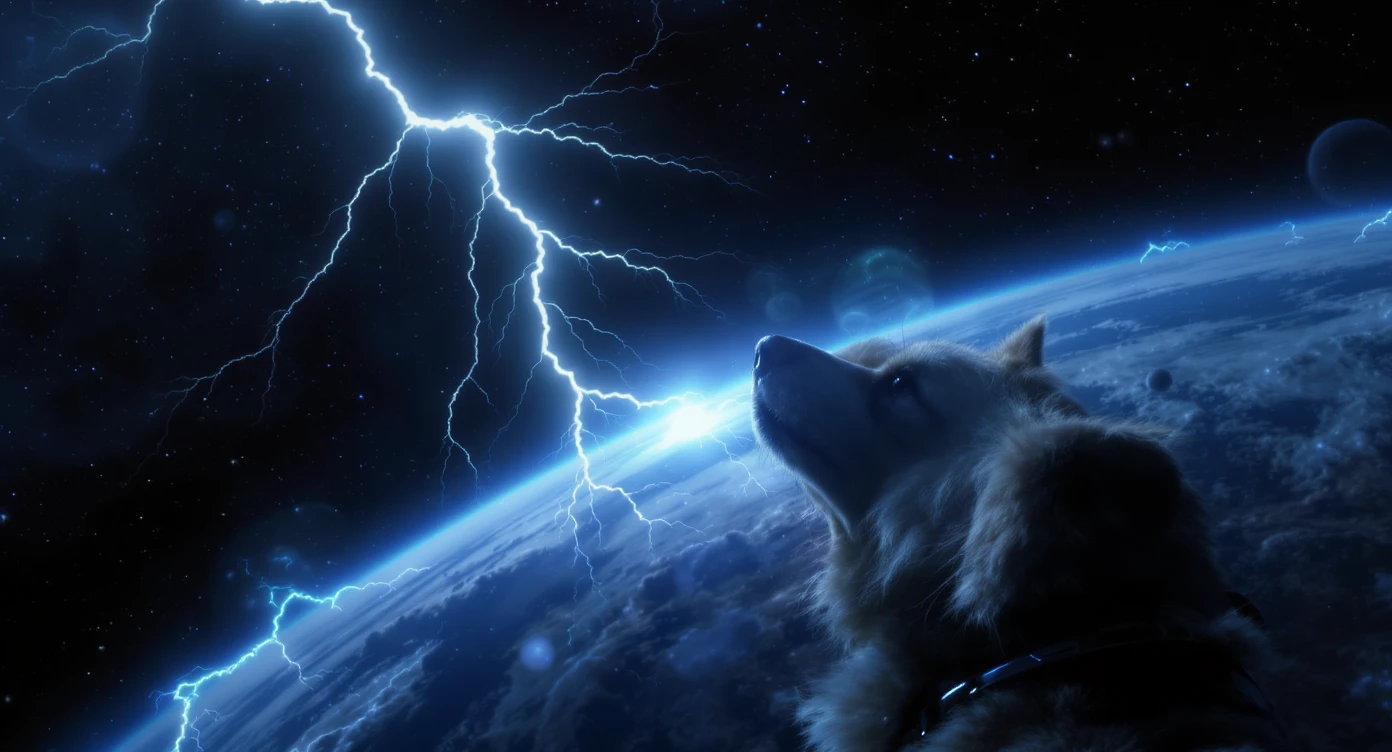 Cinematic still of a dog is in space, very detailed, cinematic lightning emoji