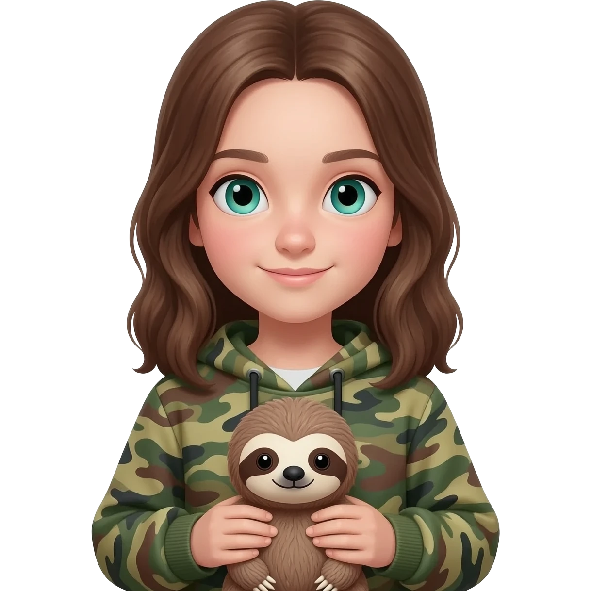 13 year old white girl brunette with blueish green eyes and a camo hoodie HOLDING a cute sloth stuffie emoji