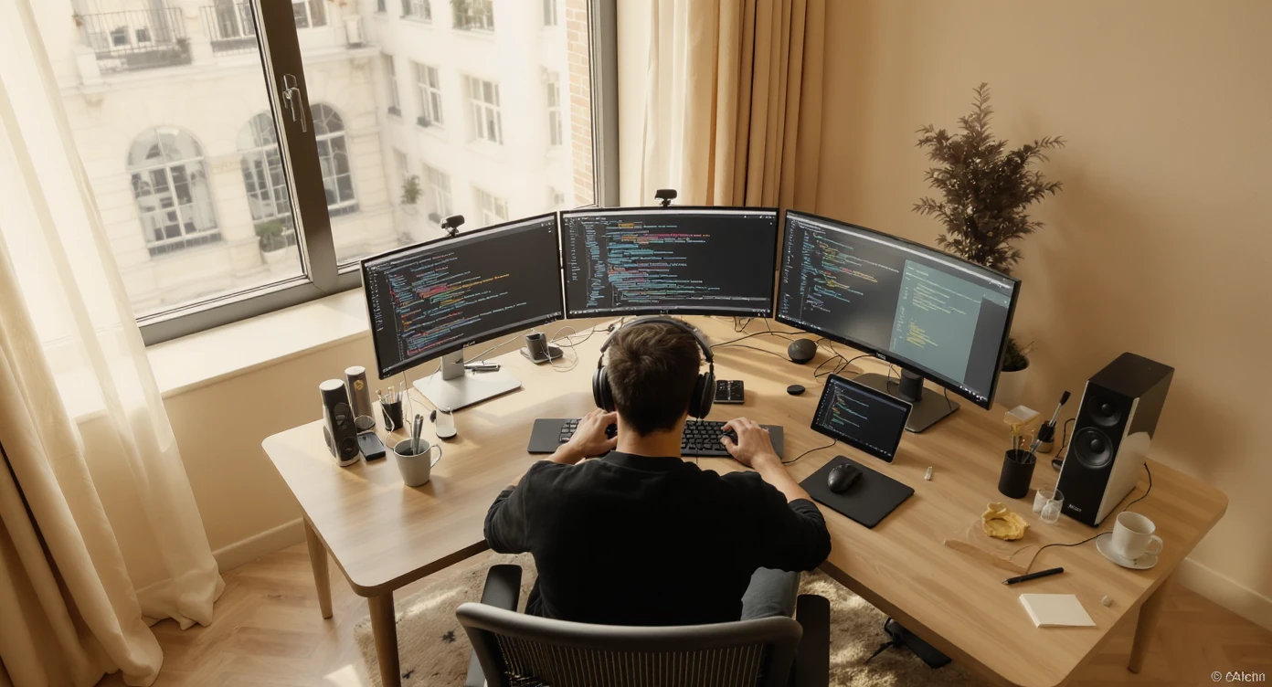 Cinematic shot of a programmer programming on tripple display setup PC, top dutch angle, Warm bright vibe, modern clean expensive minimalistic apartament, model is dress like designer, morning, big window, captured on arri alexa emoji