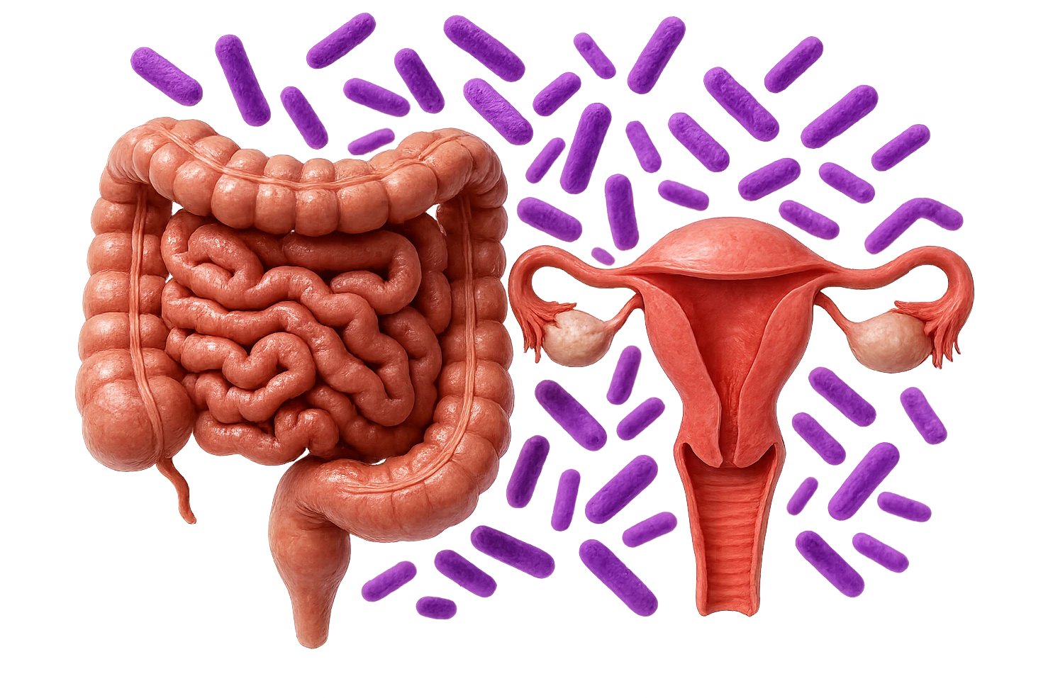 intestino umano anatomico realistico accanto ad un utero umano anatomico realistico, dietro i due organi fluttuano batteri intestinali con questo colore: #971ef1, iperrealistico 4k
isolata su sfondo bianco emoji