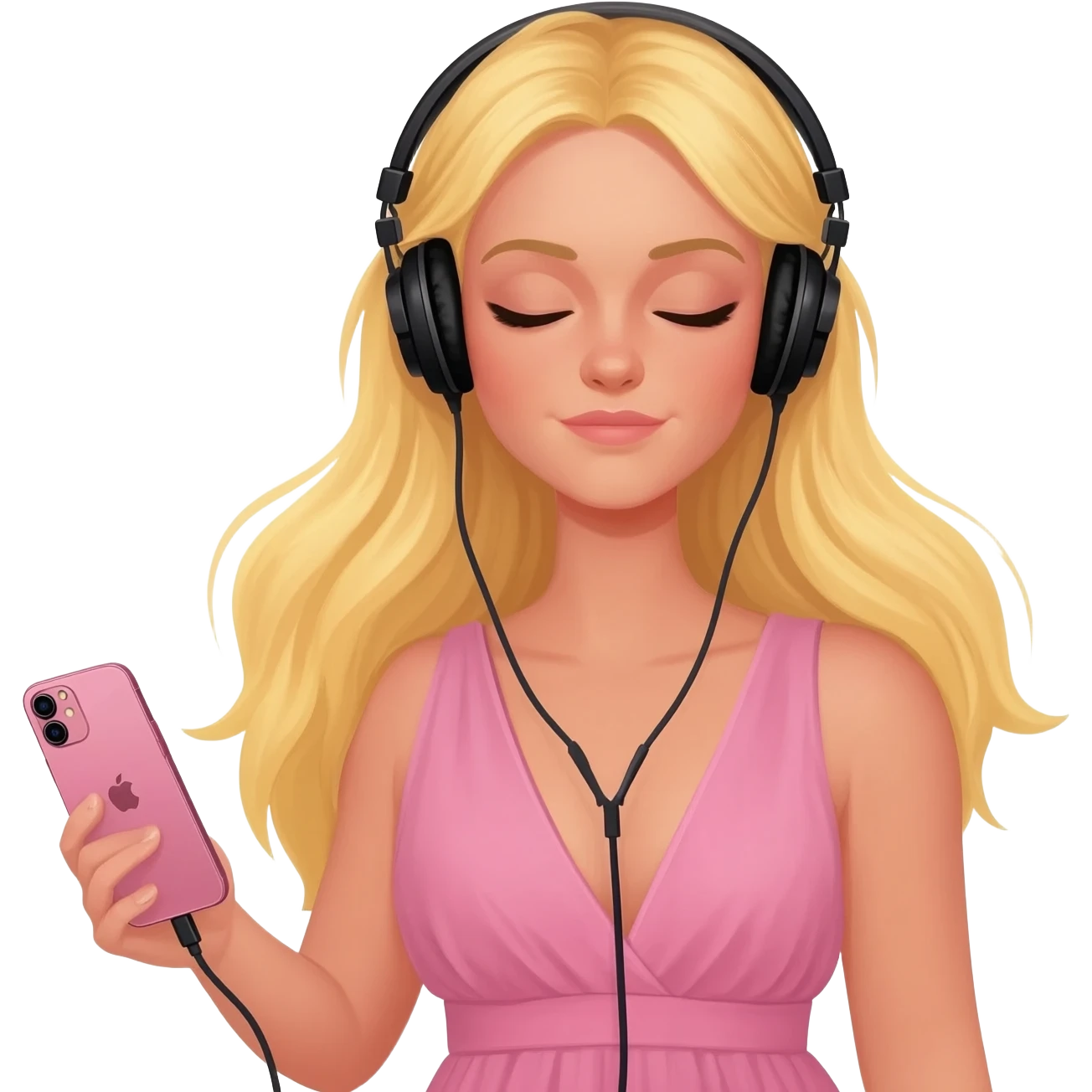 girl blonde long hair in pink dress listen to music rock and roll on black headphones on head connect to pink iphone max pro and hold on headphones on head with right hand emoji