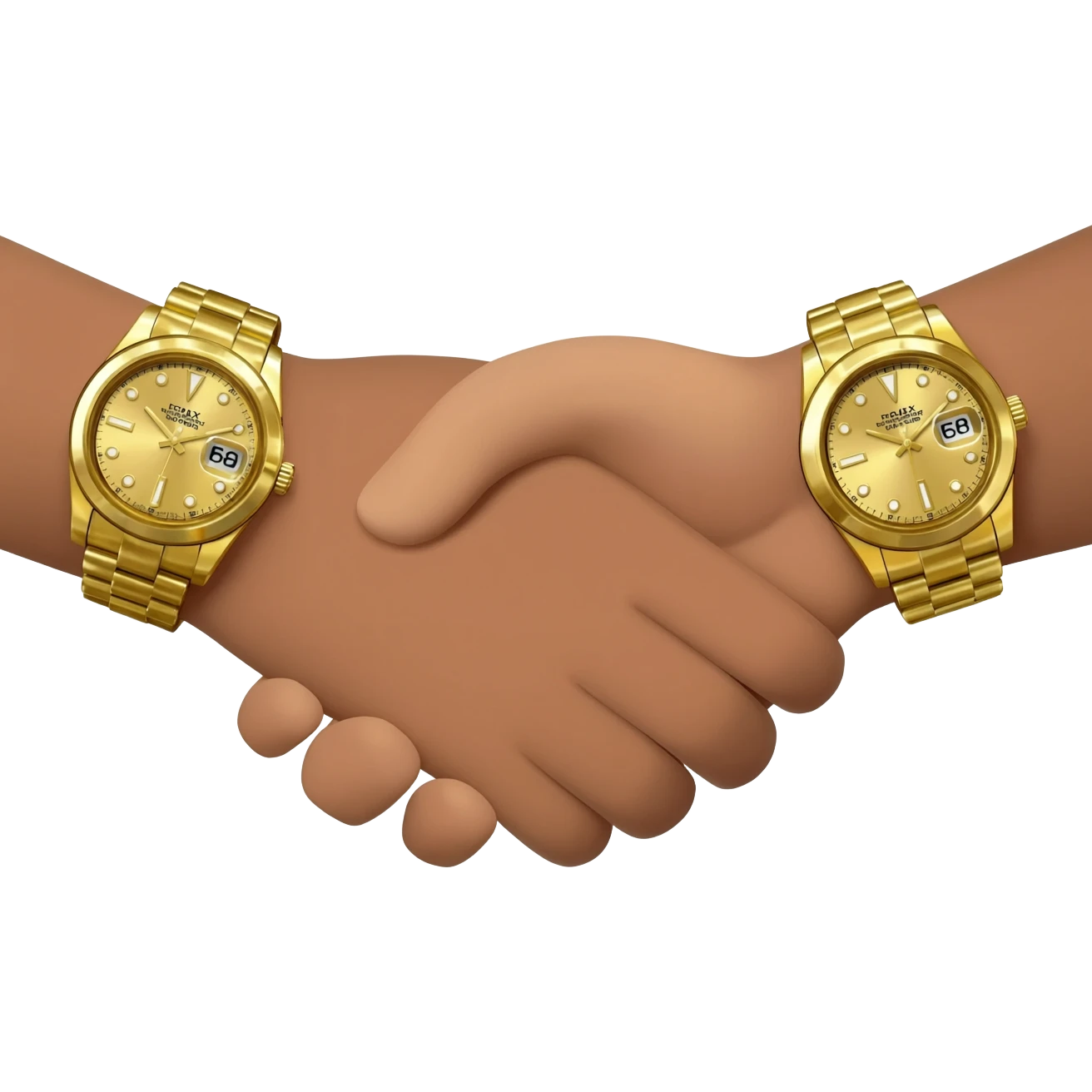 Emoji of a handshake, each wrist wearing an oversized, flashy Rolex watch, cartoon style, bold colors, focus on hands and luxury watches, transparent background emoji