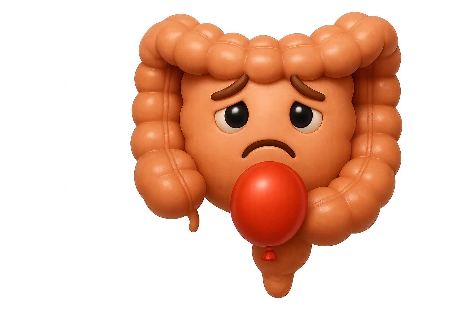 EMOJI STILE IPHONE DI un intestino triste con palloncino rosso sulla pancia, IPERREALISTICO 4K emoji