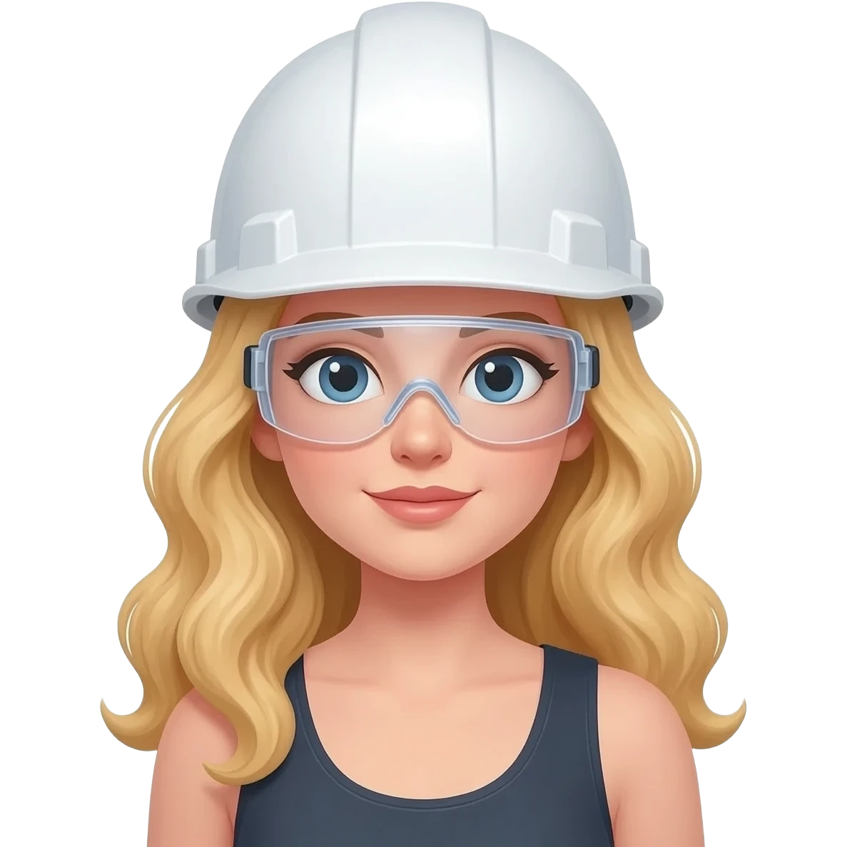 Emoji casco blanco construcción con lentes, mujer pelo largo con rulos en las puntas rubio emoji