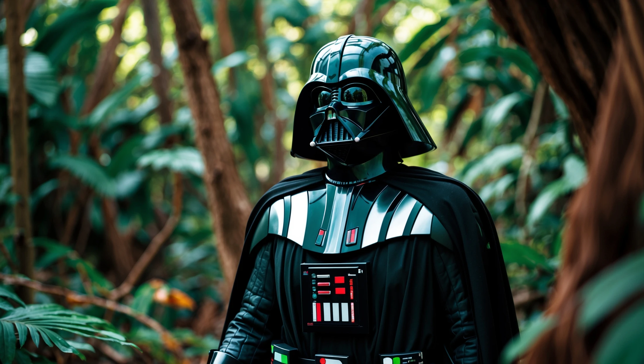 cinematic still, documentary photography, amazon jungle, well lit scene, Darth Vader is exploring the jungle, close up, front shot, rule of thirds emoji