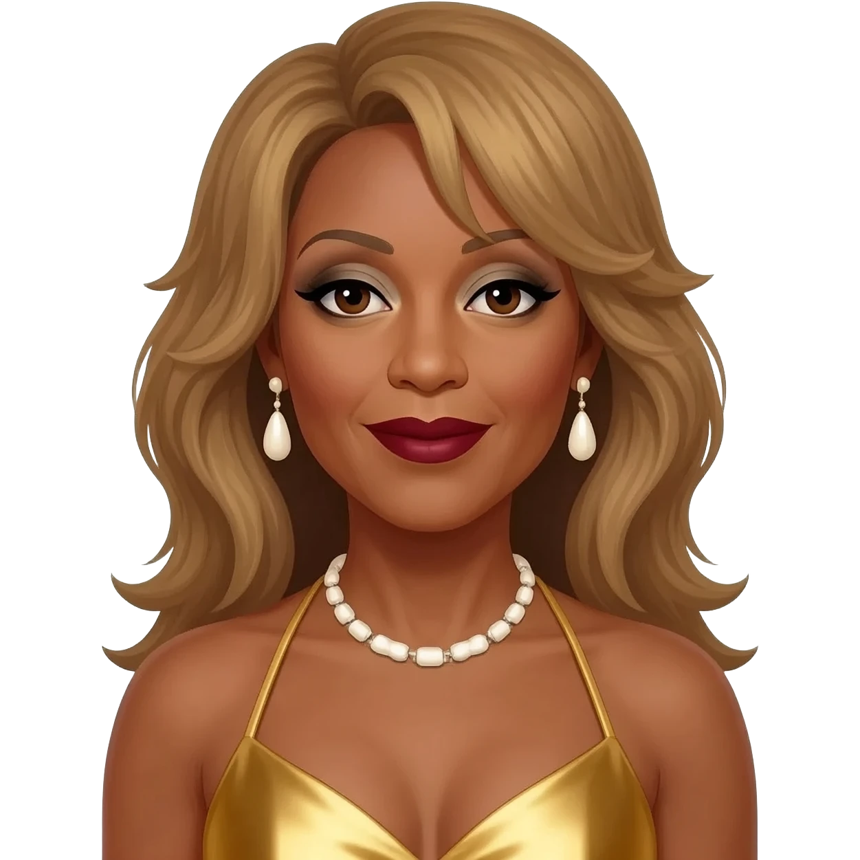 Tina Turner with dark brown eyes, long golden brown hair, ivory eyeshadow, dark red lipstick, gold metallic halter dress, ivory necklace and earrings emoji