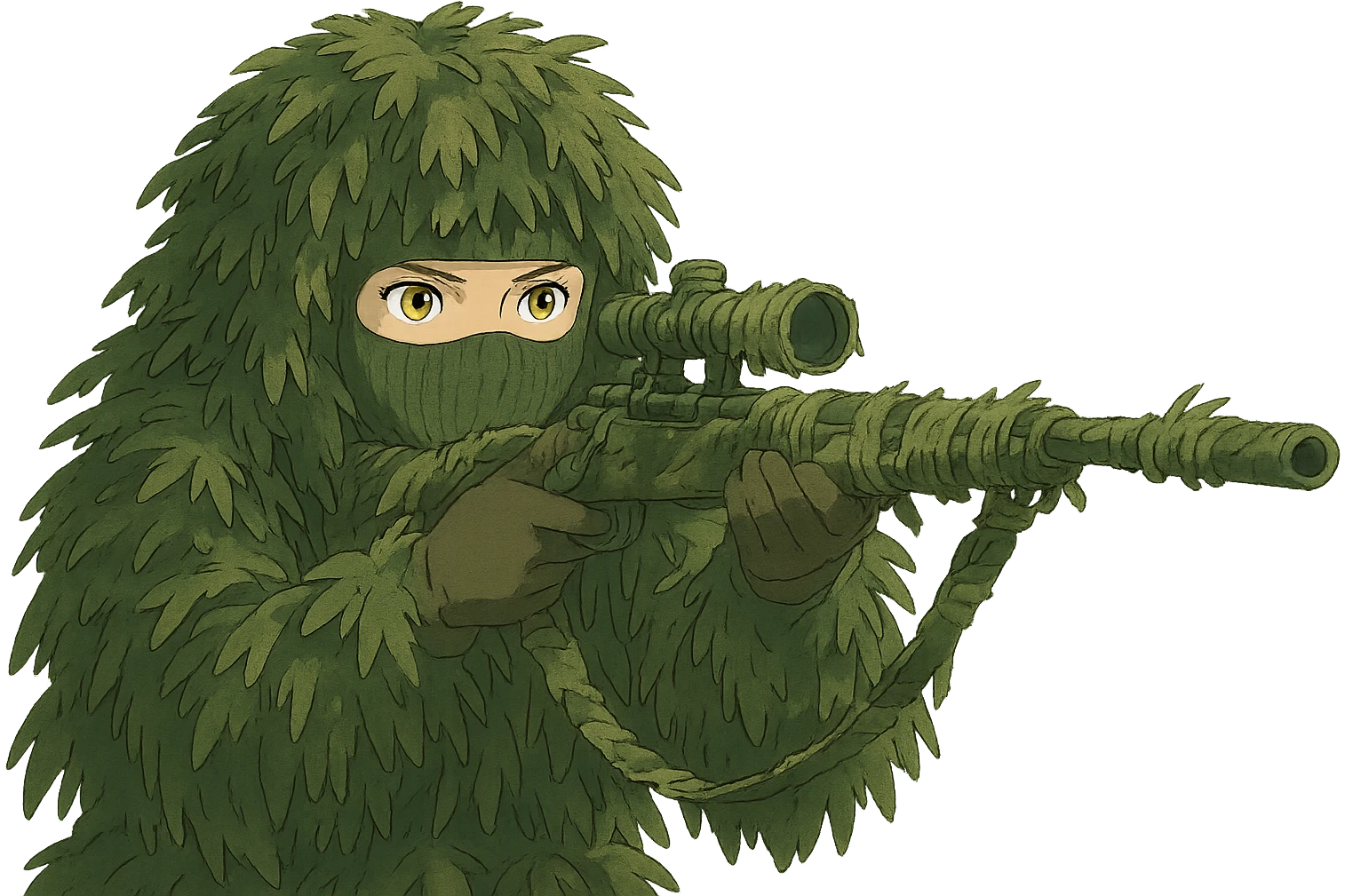 1 female, gold yellow eyes, face covered green balaclava, full military ghillie sniper camouflage, rifle up, camouflaged rifle wrap emoji