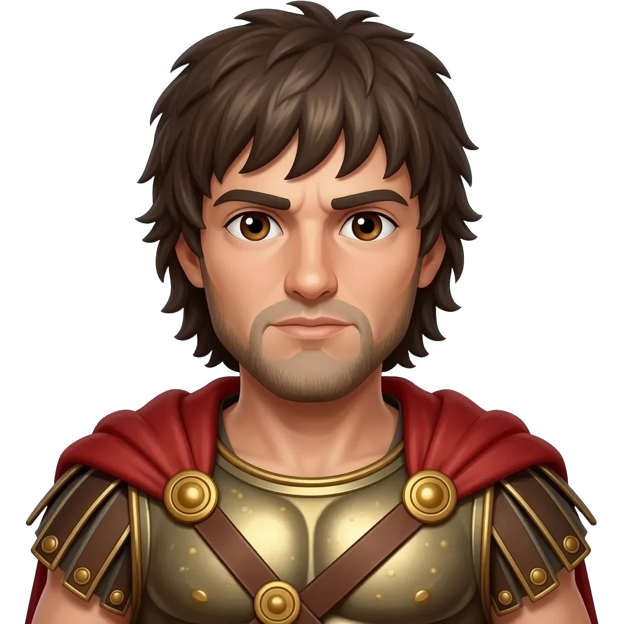 Spartacus from Rome Mythology with brown eyes, long dark brown hair, bronze metallic tunic, red metallic cloak emoji