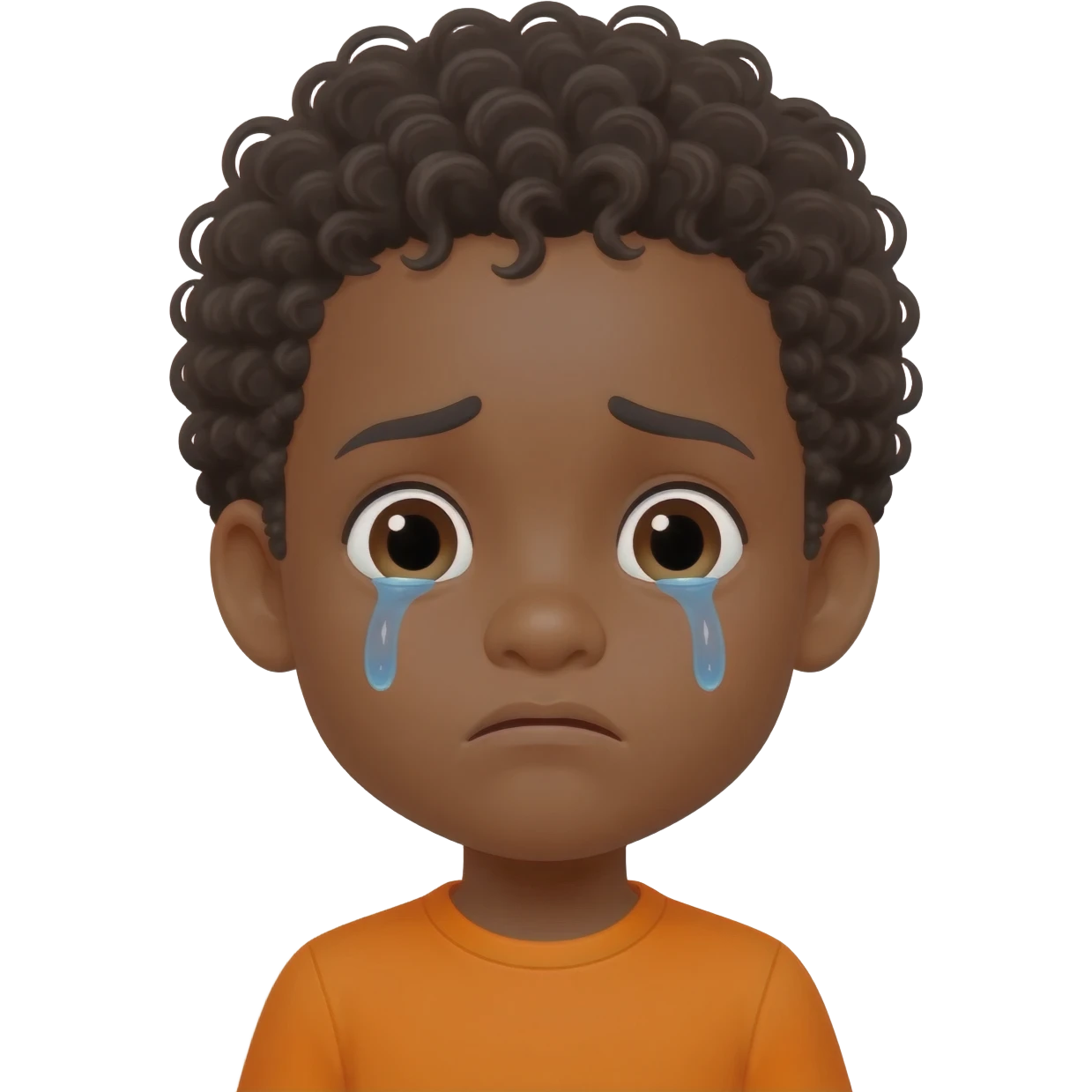 black boy curly hair orange shirt sad crying emoji