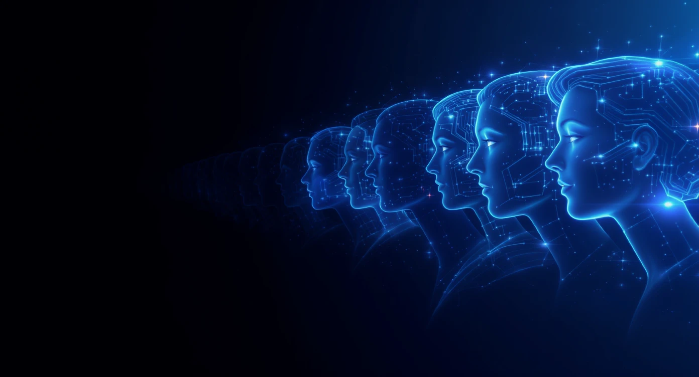 Futuristic Graphic of a flying aroundg profiles with 3d disney style faces of people (Gradient black and blue background) emoji