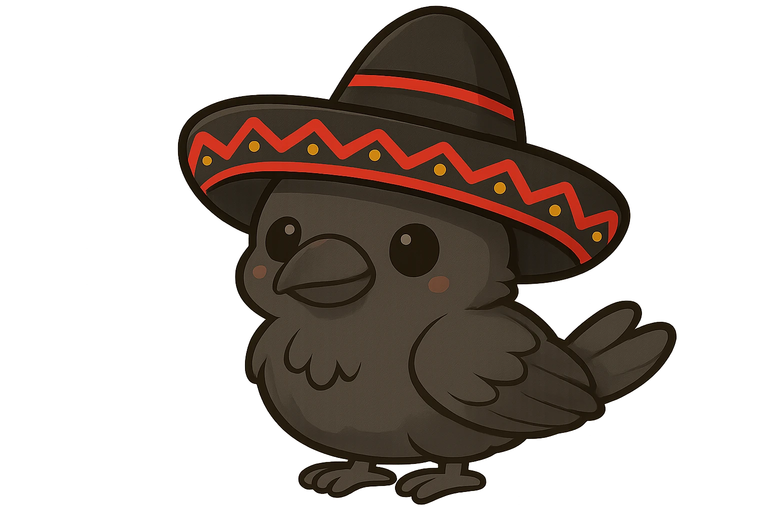 Change the chibi crow's mariachi hat to black and red, keep the adorable and festive look, with no background. emoji