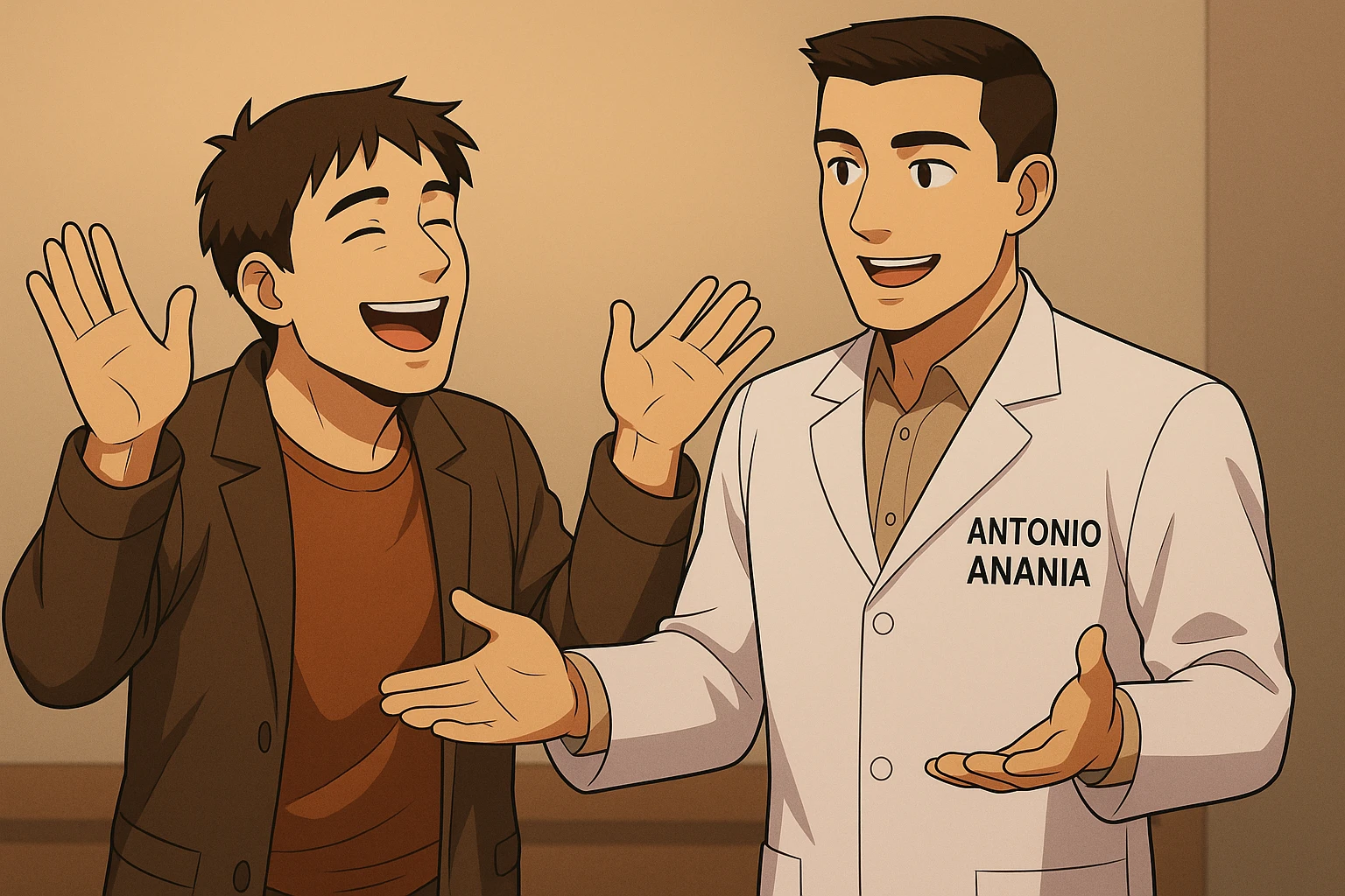  rappresenta un webtoon manga a colori con questo stile, in cui un uomo esclama una cosa entusiasta al kinesiologo con il camice bianco (fagli anche la scritta "ANTONIO ANANIA" SUL CAMICE), IL KINESIOLOGO lo aspetta a braccia aperte. l'espressione dell'uomo è felice e soddisfatta, non fare i fumetti però, fai solo in modo che sembri stiano parlando emoji