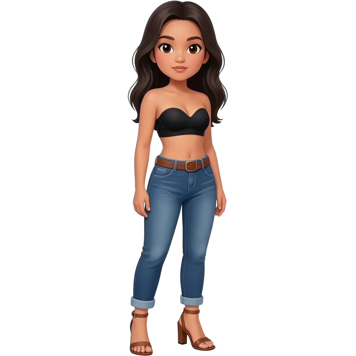 Filipino girl black bra strapless top and low waisted denim jeans with brown belt with feet stand straight body wear pageant high heels sandals brown emoji