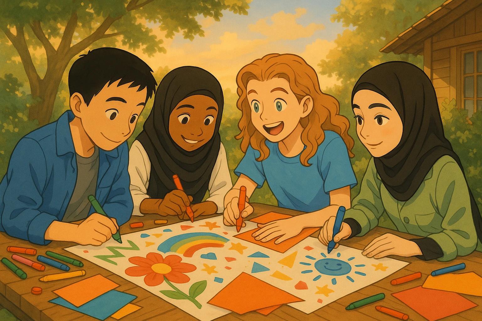 Four students in Ghibli style, working on a poster or artistic project, using markers and colored papers, creative and joyful atmosphere. emoji
