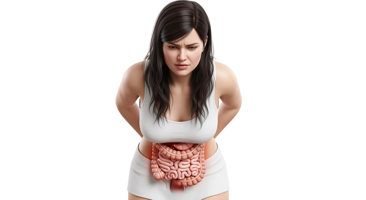 DONNA LEGGERMENTE SOVRAPPESO PIEGATA IN AVANTI FRONTALMENTE CON INTESTINO ANATOMICO IN EVIDENZA, MAL DI PANCIA iperrealistico 4k, ISOLATA SU SFONDO BIANCO emoji