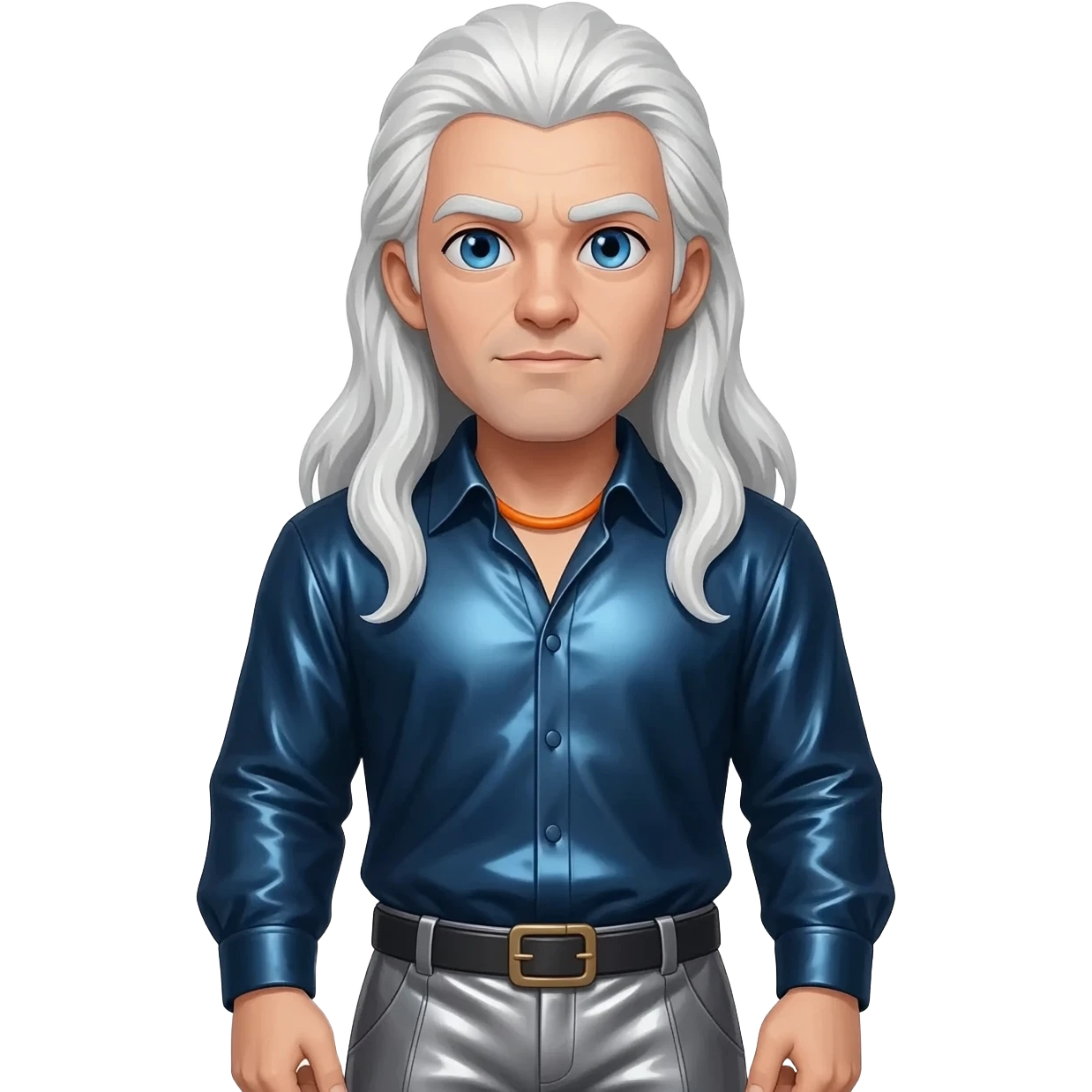 Odin from Norse Mythology with blue eyes, long white hair, dark blue metallic shirt, grey metallic baggy pants, orange necklace emoji
