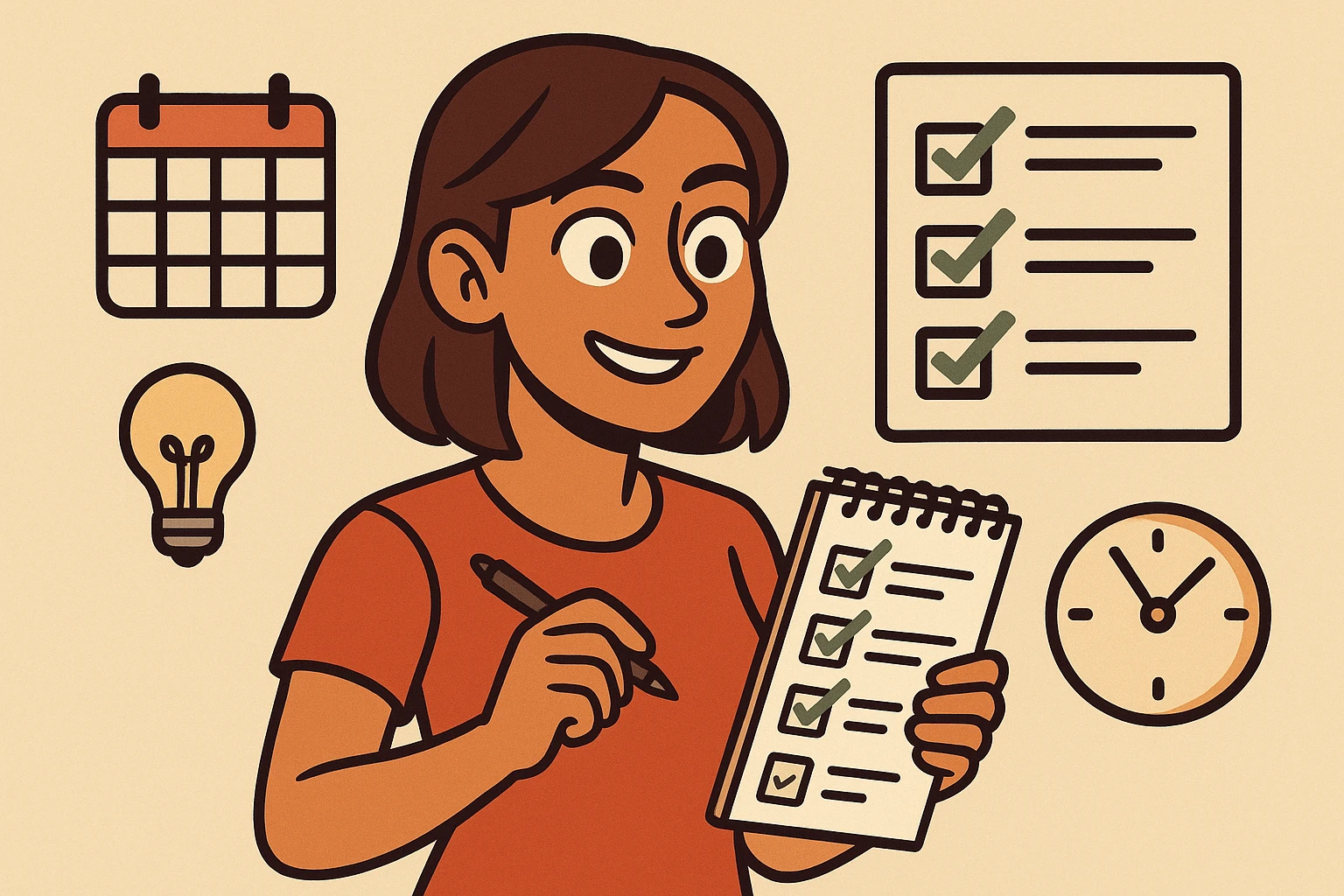 tan woman with brown eyes and brown shoulder length hair, surrounded by productivity icons (calendar, checklist), smiling and focused, modern illustration emoji
