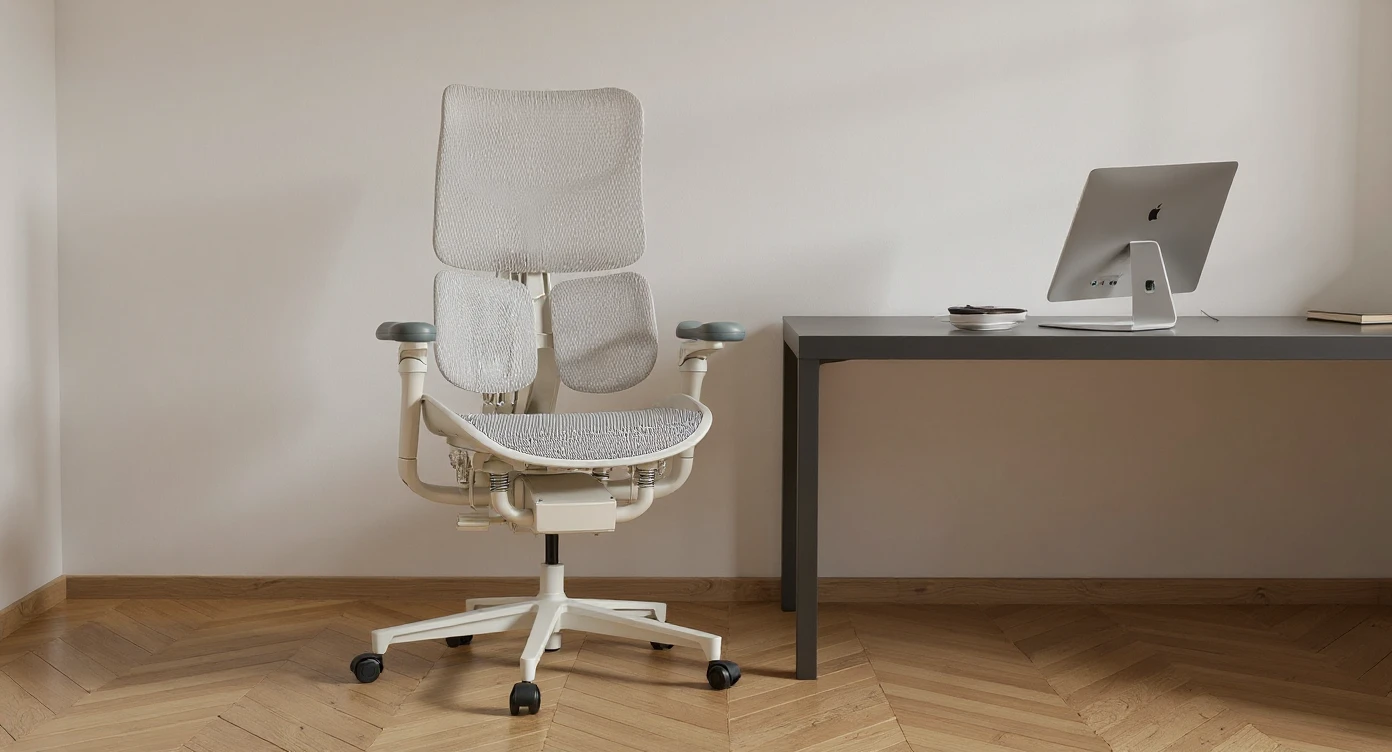 Editorial shot, Make this chair next to desk with mac setup, wooden modern floor, minimalistic room, contrast chair to wall, chair standing front to camera, soft bright light in room emoji