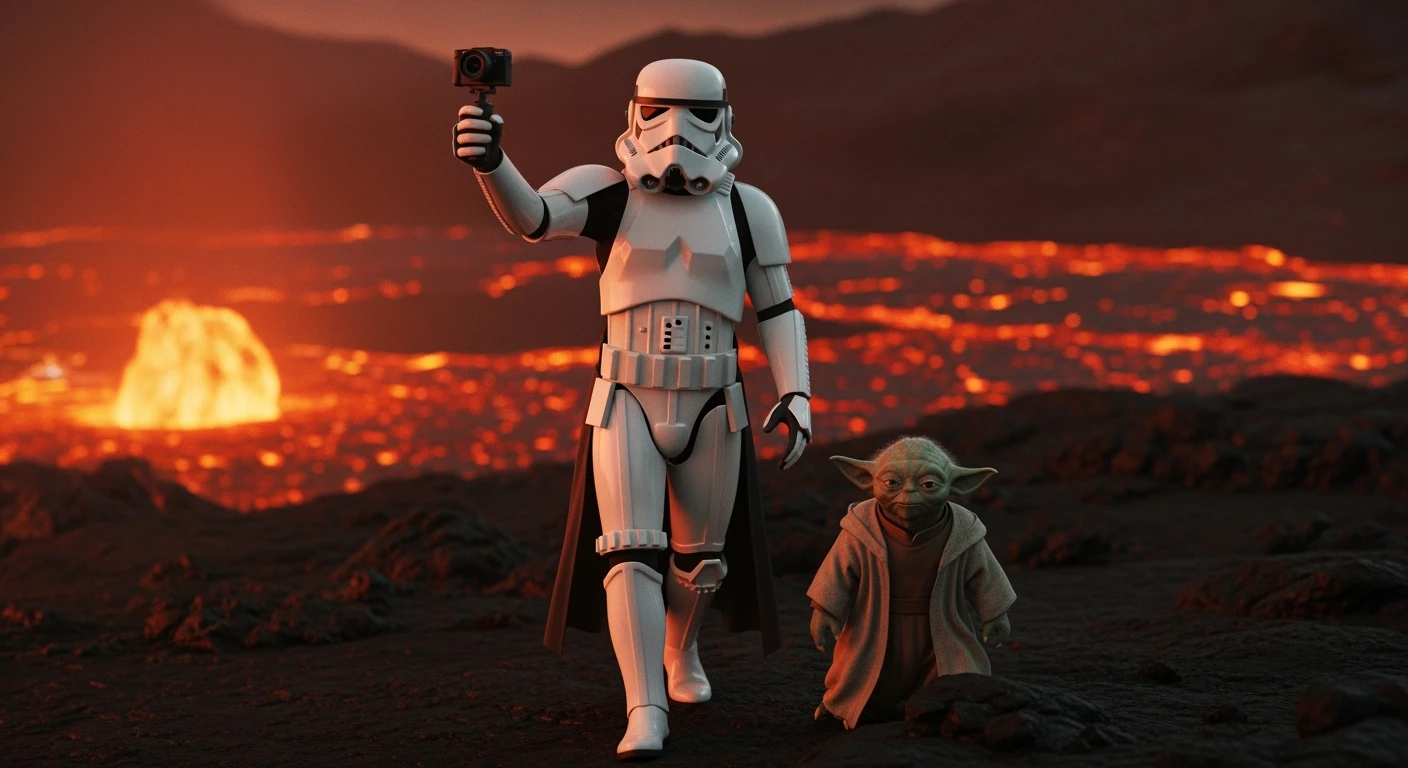 Cinematic still, selfie camera, Starwars stormtroopers vlogging , he is walking on lava planet with yoda emoji