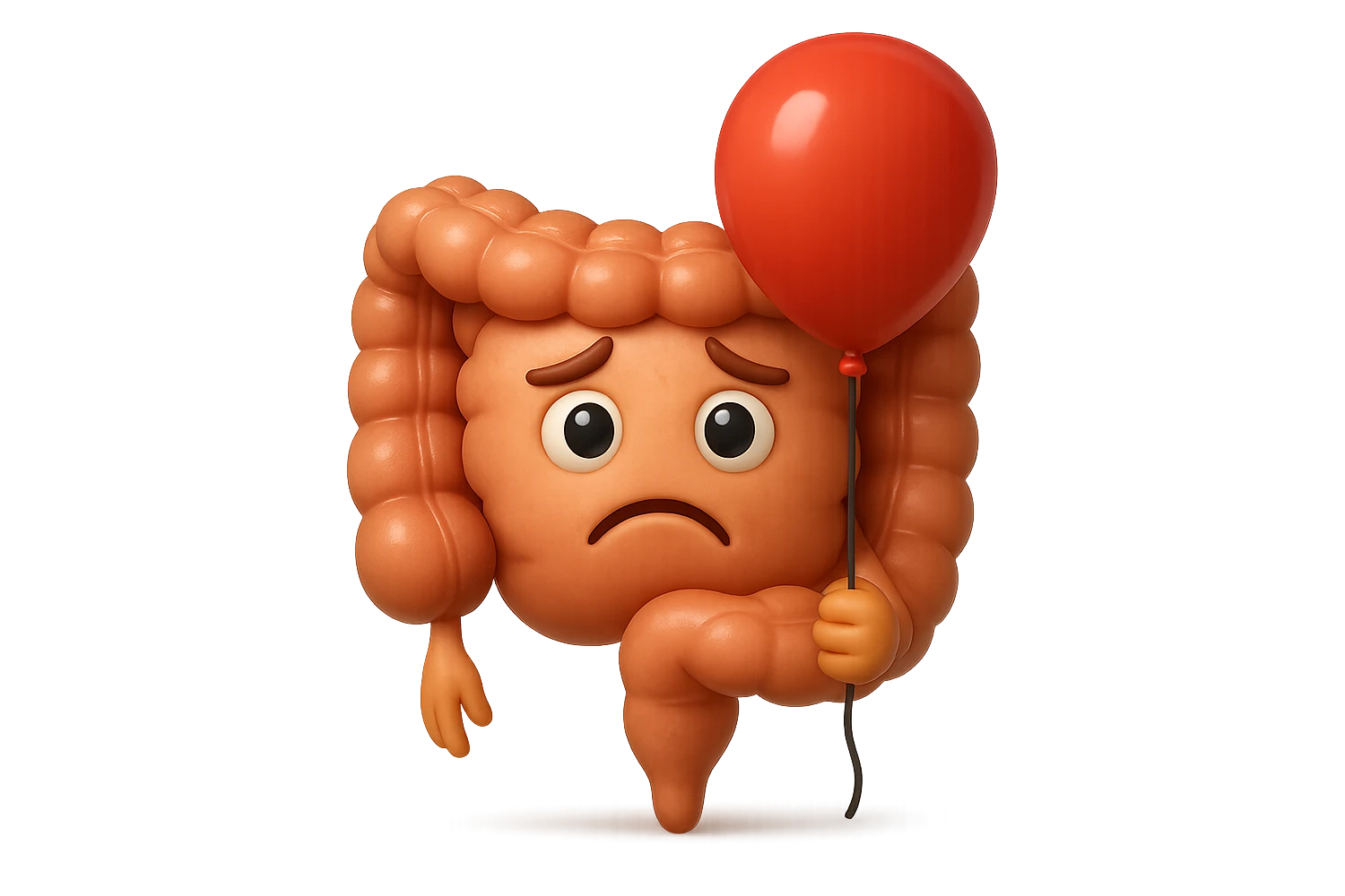 EMOJI STILE IPHONE DI un intestino triste con palloncino rosso sulla pancia, IPERREALISTICO 4K emoji