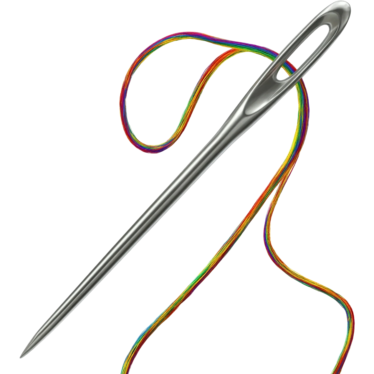 Emoji-style illustration of a sewing needle with thread. The needle is silver, with a small oval hole at the top through which a colorful thread is passing. The thread flows and curls gracefully behind the needle. emoji