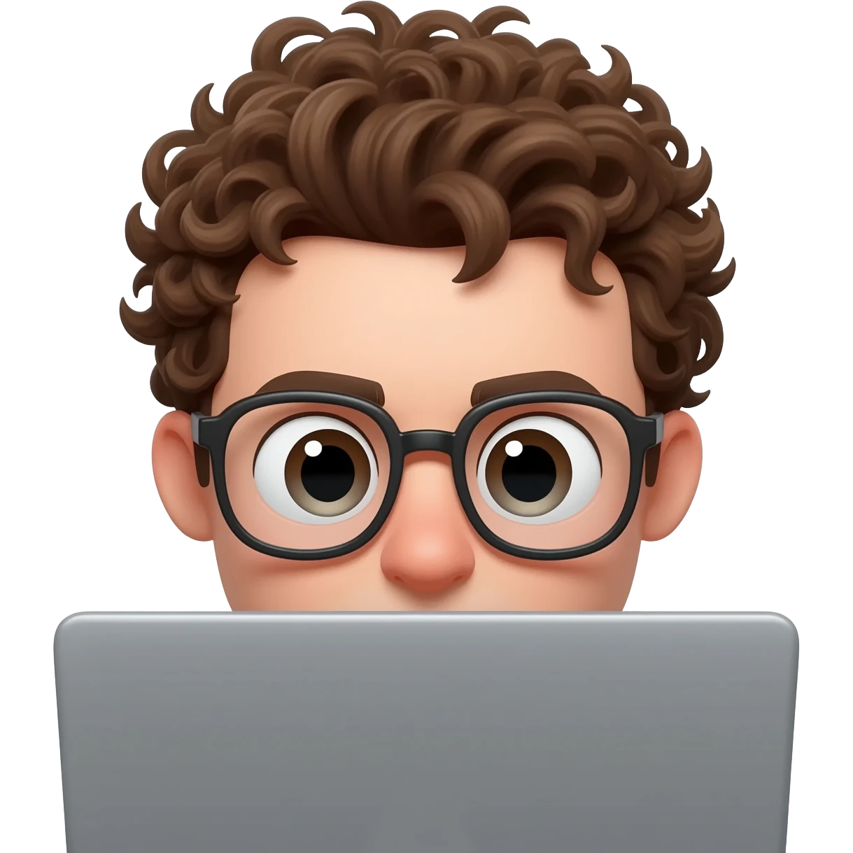 3D emoji-style male character with curly hair and big glasses, eyes wide, peeking over a laptop, minimal design, soft lighting, plain background, high quality. emoji