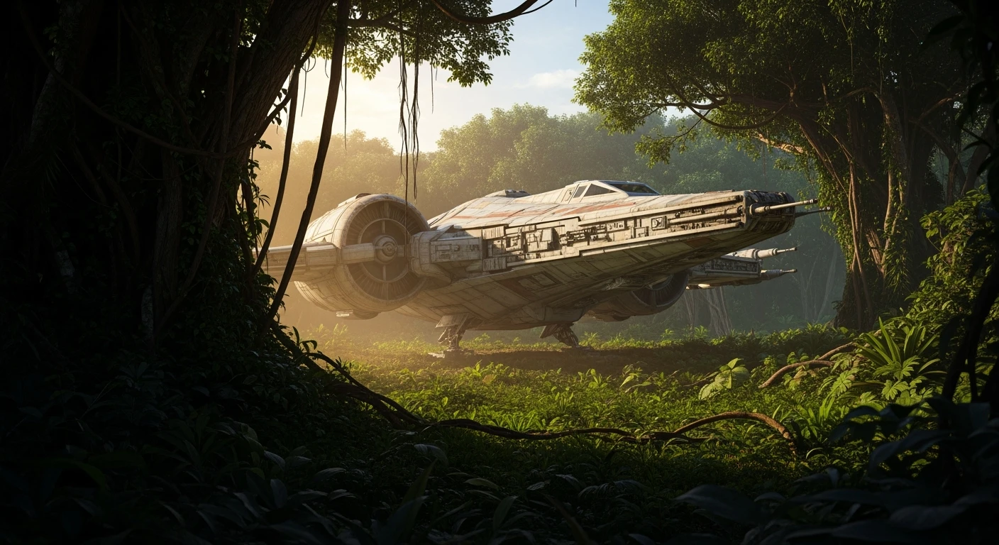 cinematic still, Medium shot, amazon jungle,  starship landing on ground, inspired by StarWars movie, captured by arri alexa emoji