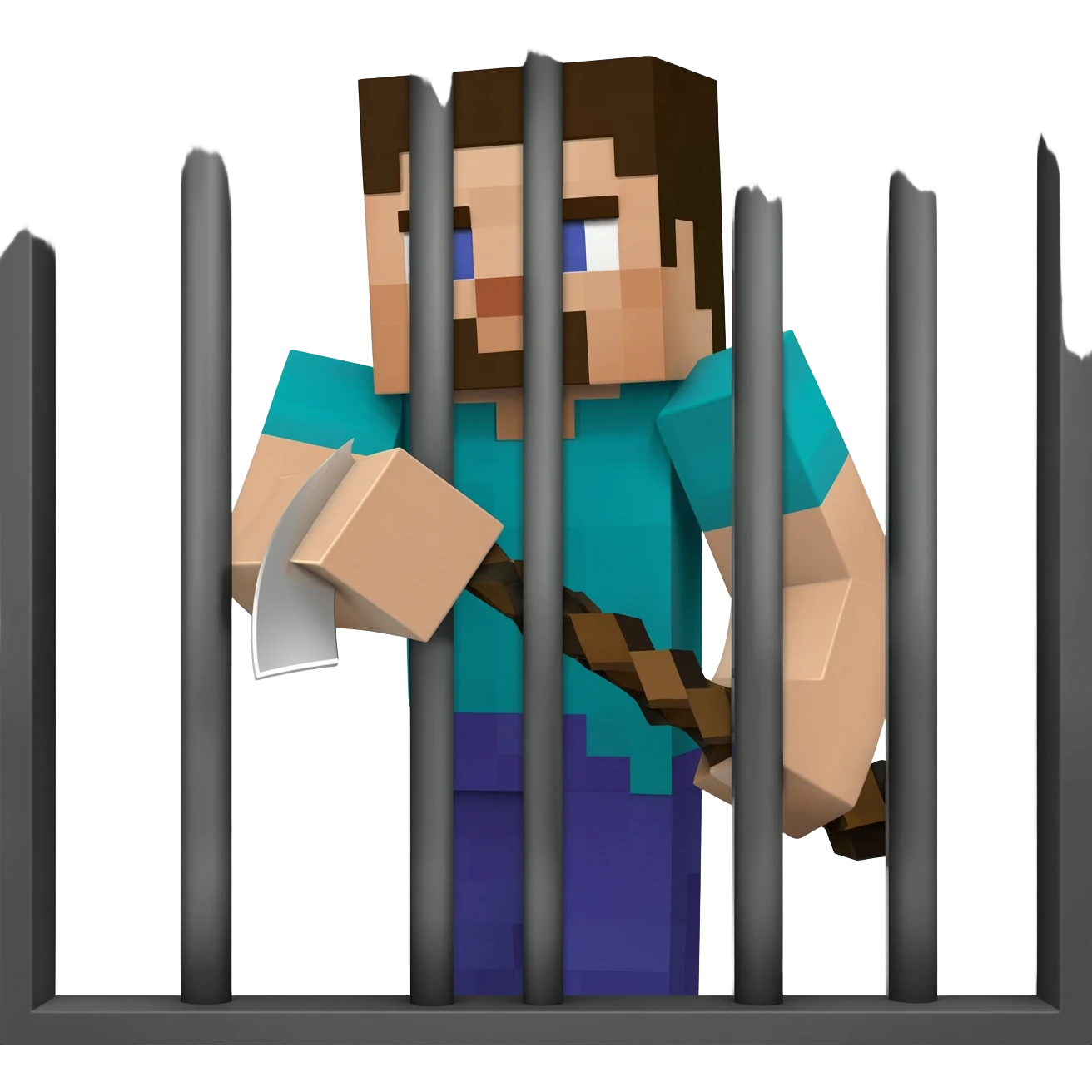 Half of a minecraft character holding a pickaxe behind bars emoji