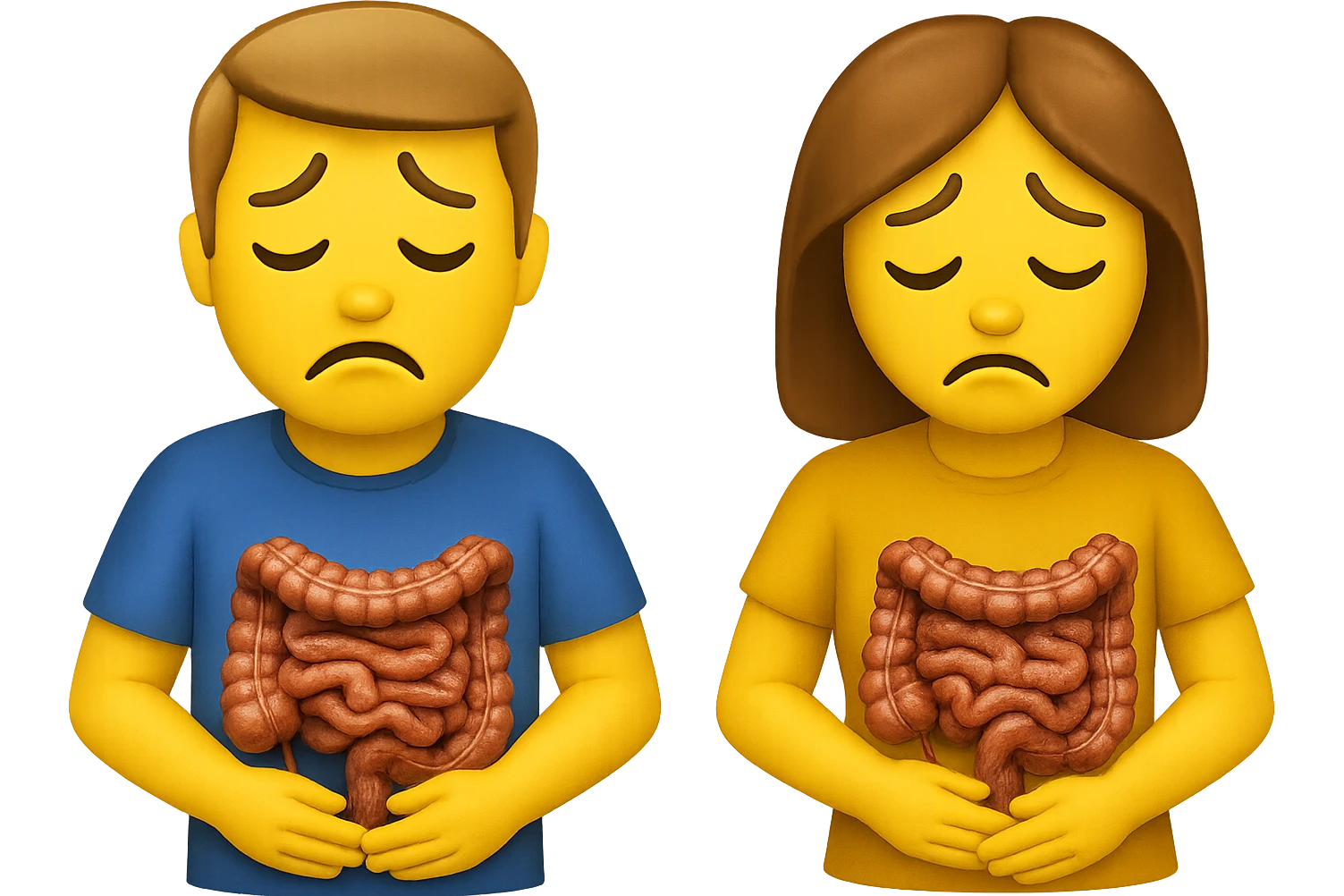 emoji stile iphone di un uomo e una donna con espressione triste ed intestino realistico, mal di pancia,ù iperrealistico 4k emoji
