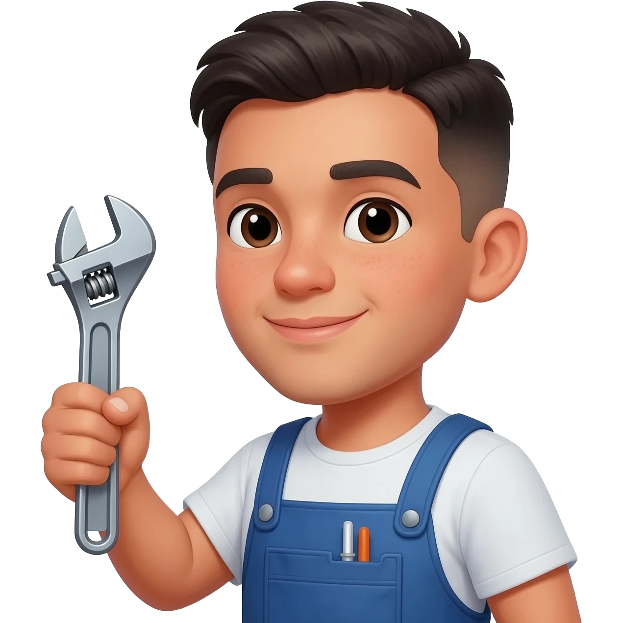 Young Hispanic plumber  with short hair with a line up and a pipe wrench in is hand emoji