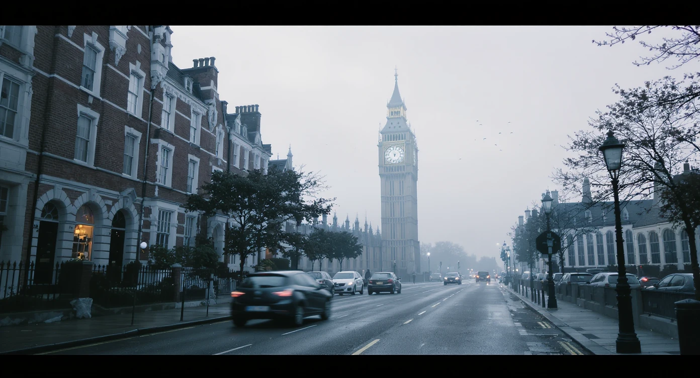 Cinematic shot of a london street, cloudy foggy day, soft light, leading lines to big ben in distance, multi composition, in foreground blurred car, on second street around UK bulding, od another plan in distance big ben, birds flying, artistic look, captured on arri alexa 35, color graded blue hour emoji