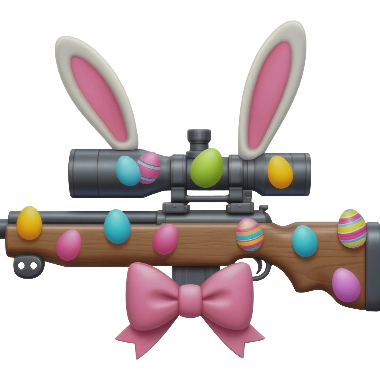 easter theme sniper rifle like with bunny ears and eggs and pink and a tie bow emoji