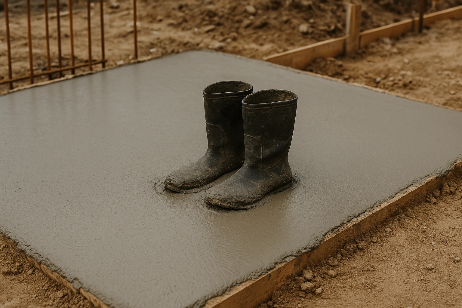 На строительной площадке видно застывший влажный бетон, он ровный и аккуратный залит как фундамент. В центре — пара старых резиновых сапог, частично утонувших и застывших в цементе, будто кто-то случайно оставил их там emoji
