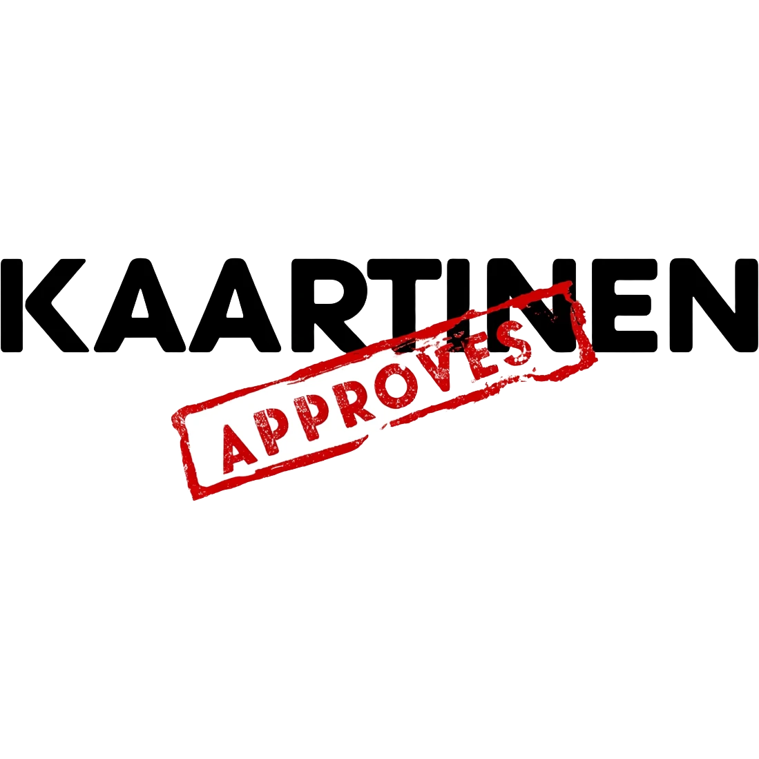 bold black text KAARTINEN and two mm under it red stamp with text APPROVES emoji