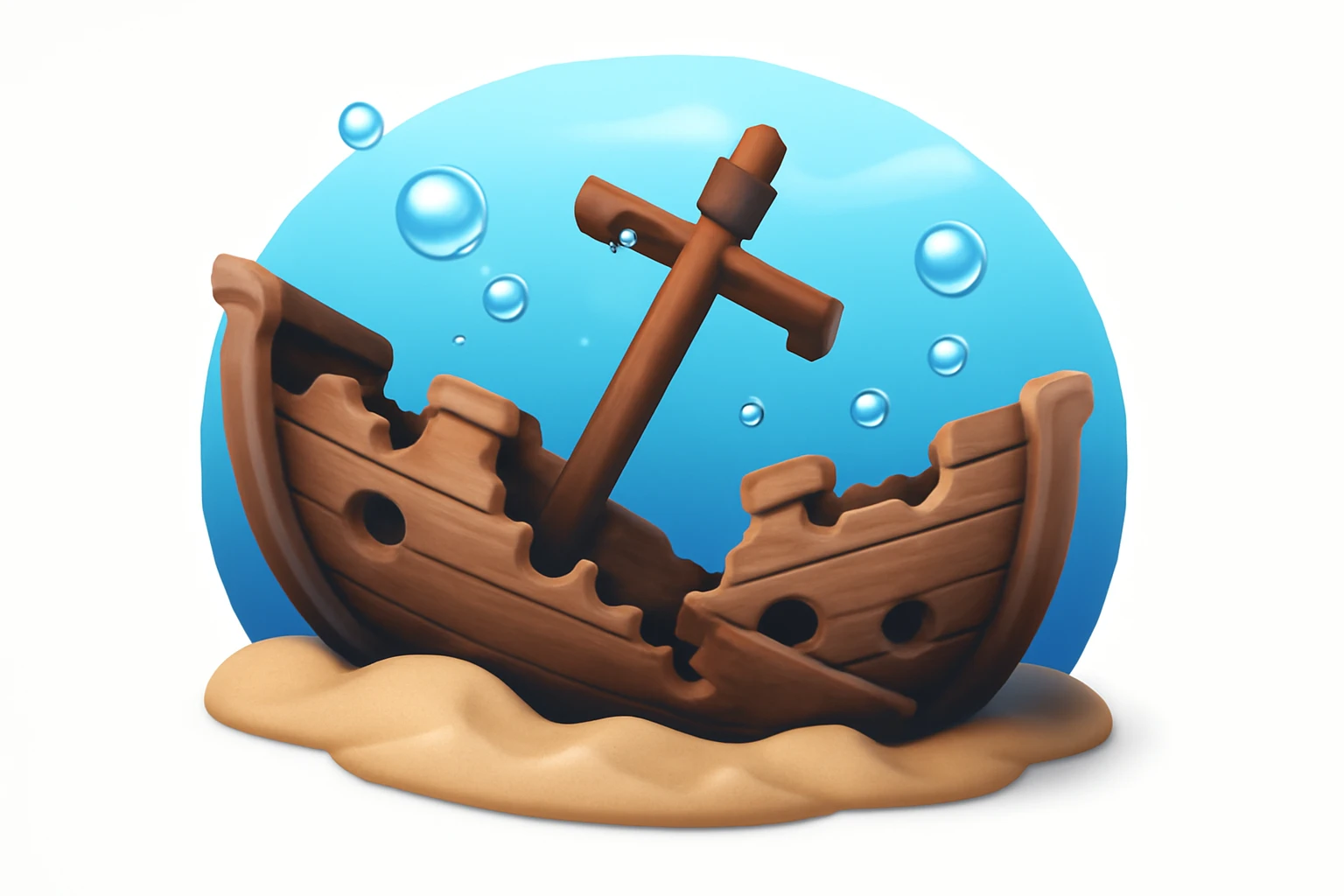3D iPhone style emoji of a sunken ship underwater, lying on the ocean floor, broken details, surrounded by bubbles and soft blue water effect, isolated on white background, soft shadows, high detail, playful and cute. emoji