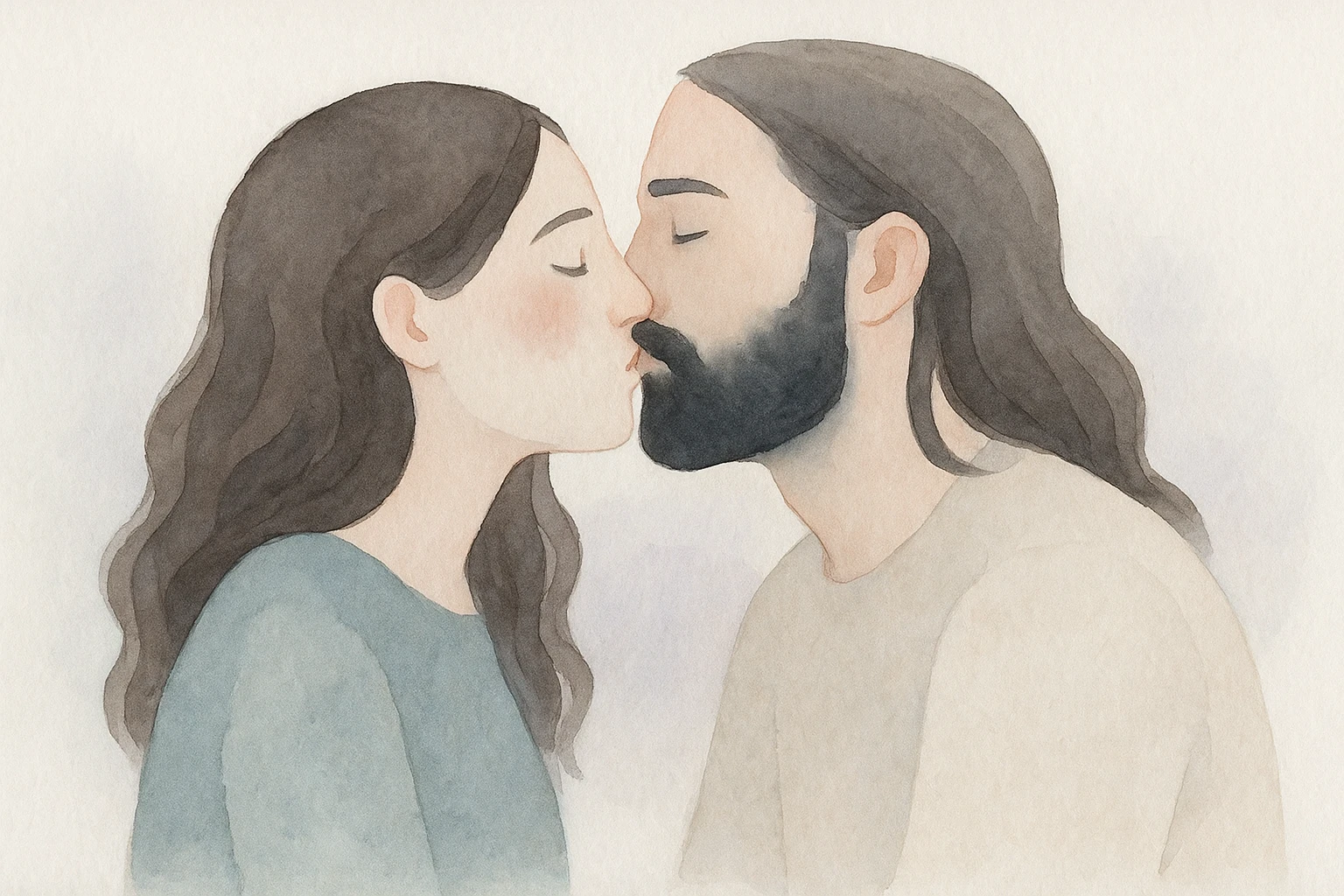 watercolor style of a couple: white woman with long dark brown wavy hair and white man with long hair and black beard kissing, soft atmosphere emoji