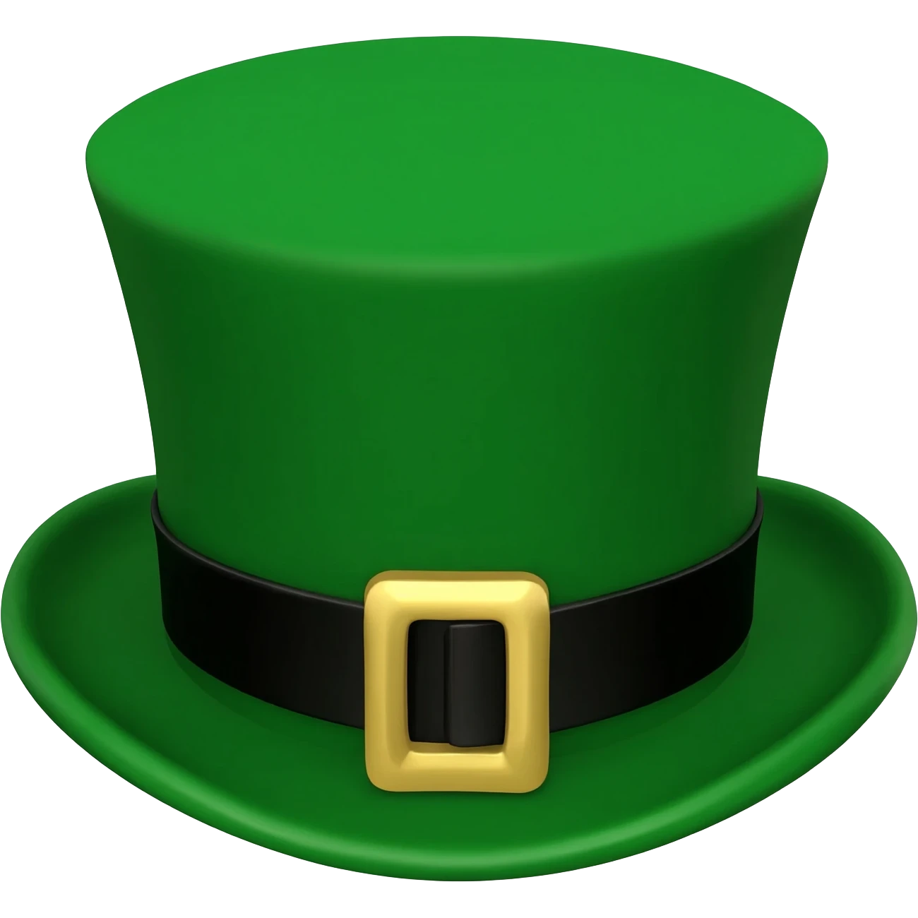 A tall, vibrant green leprechaun top hat with a black band and a prominent shiny gold buckle in the center. 3D rendered emoji style, realistic felt texture, high gloss finish, isolated on a pure white background. Bright, clean studio lighting. emoji