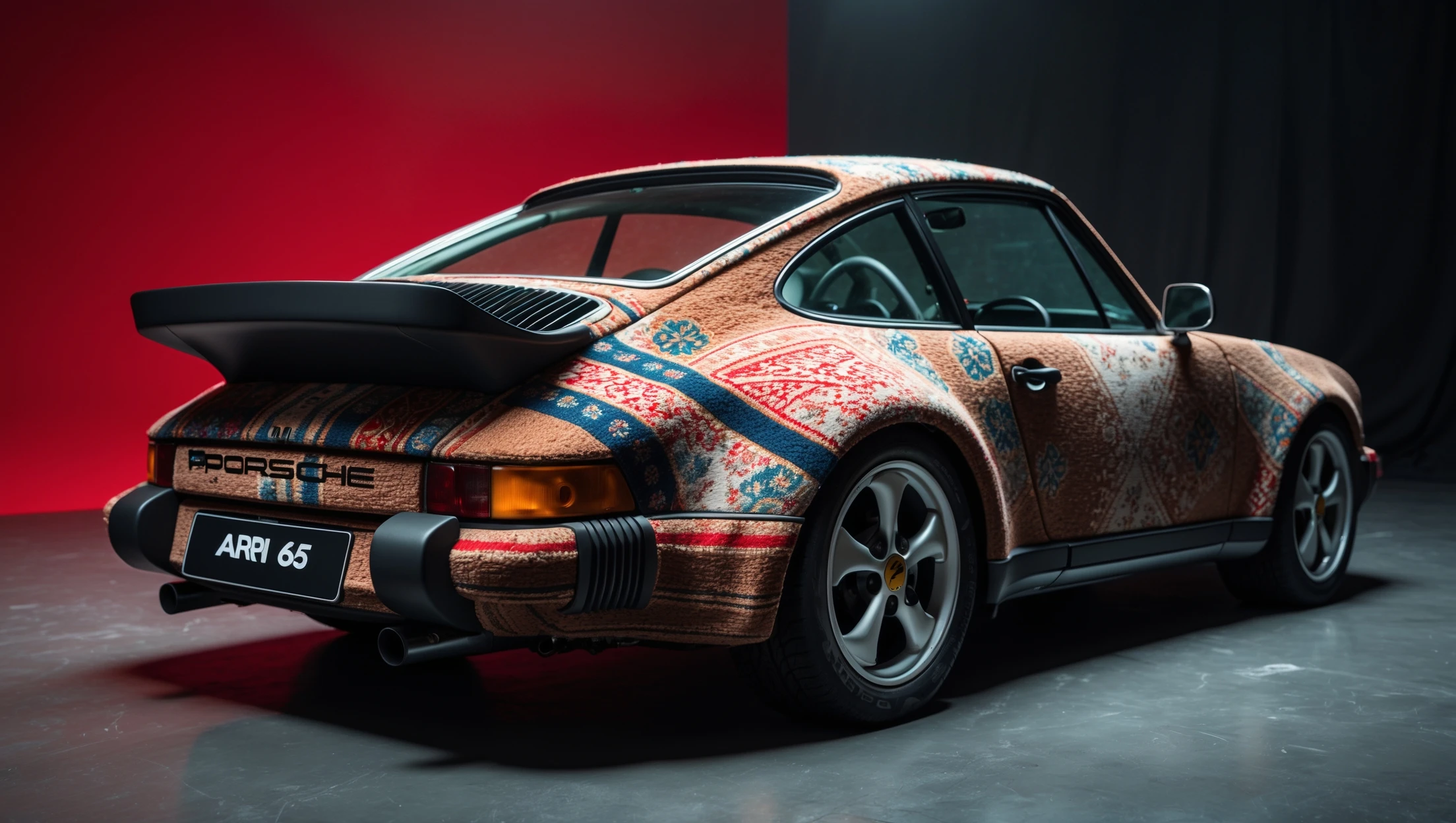 Closeup shot of a porsche 911, body of car made of russian carpet with patterns, red solid studio background, very dark room, top low key light, dutch angle, haze, captured by ARRI 65 emoji