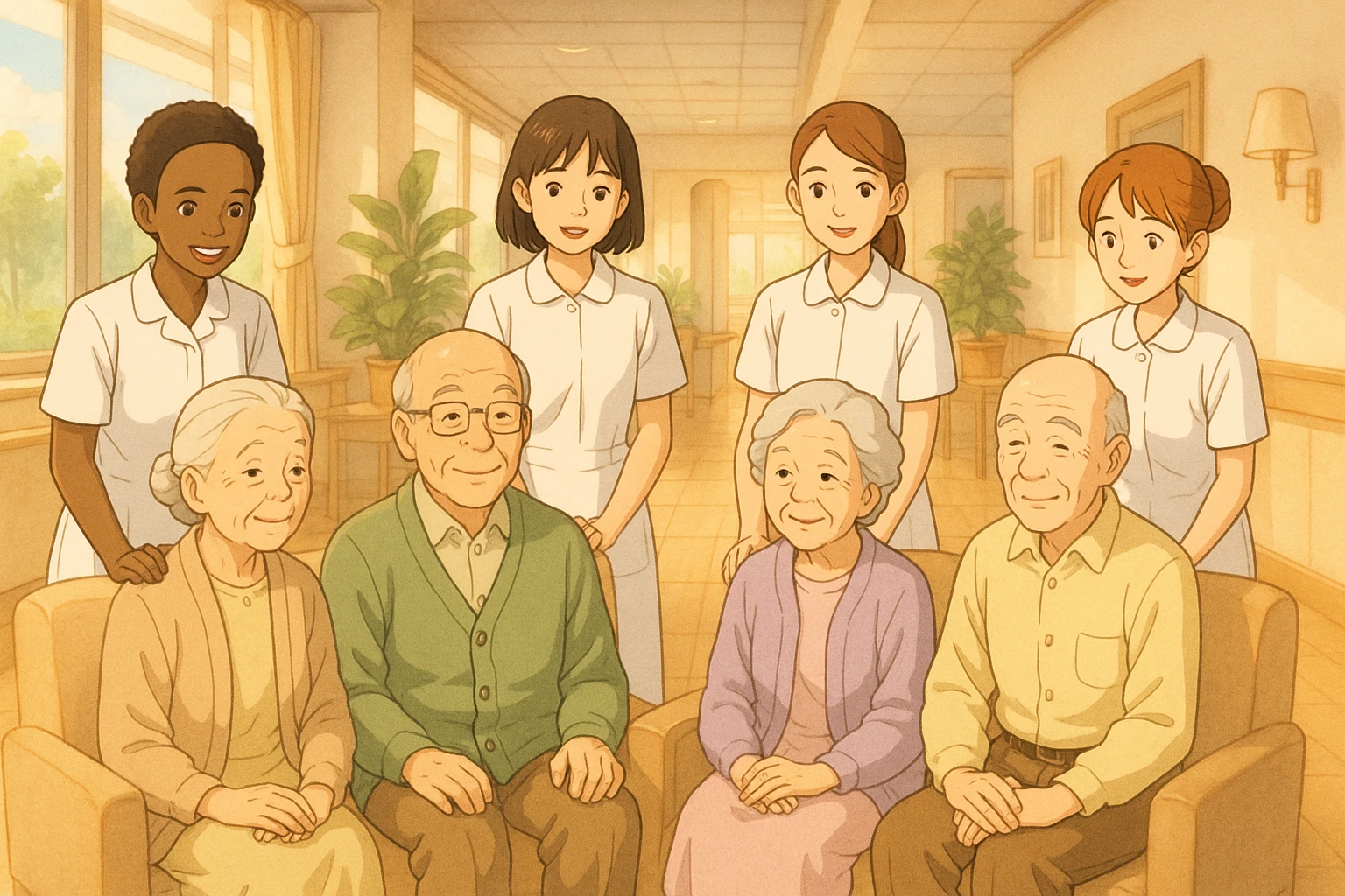 Four nursing students inspired by provided faces, wearing complete white short-sleeve uniforms without stethoscopes, accompanying elderly seated patients, Ghibli style, bright and warm hospital interior decor. emoji