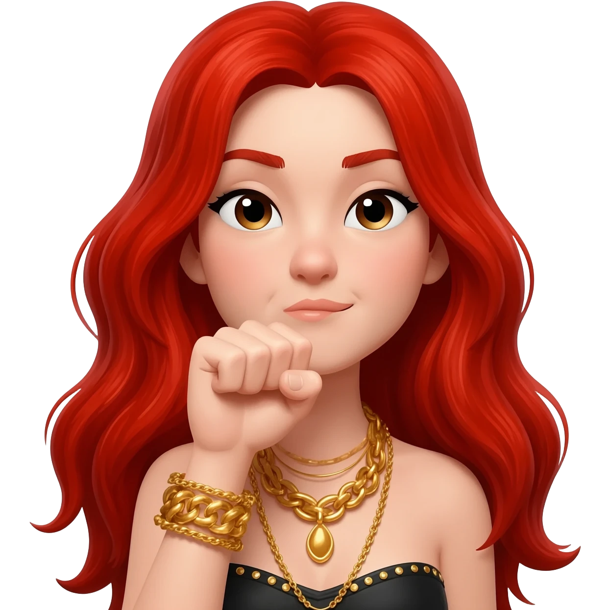 Not showing finger but fist on mouth and blowed mouth....she is red hair and tacky jewellery and cool....the hand is on her mouth and she is smirking and long hait emoji