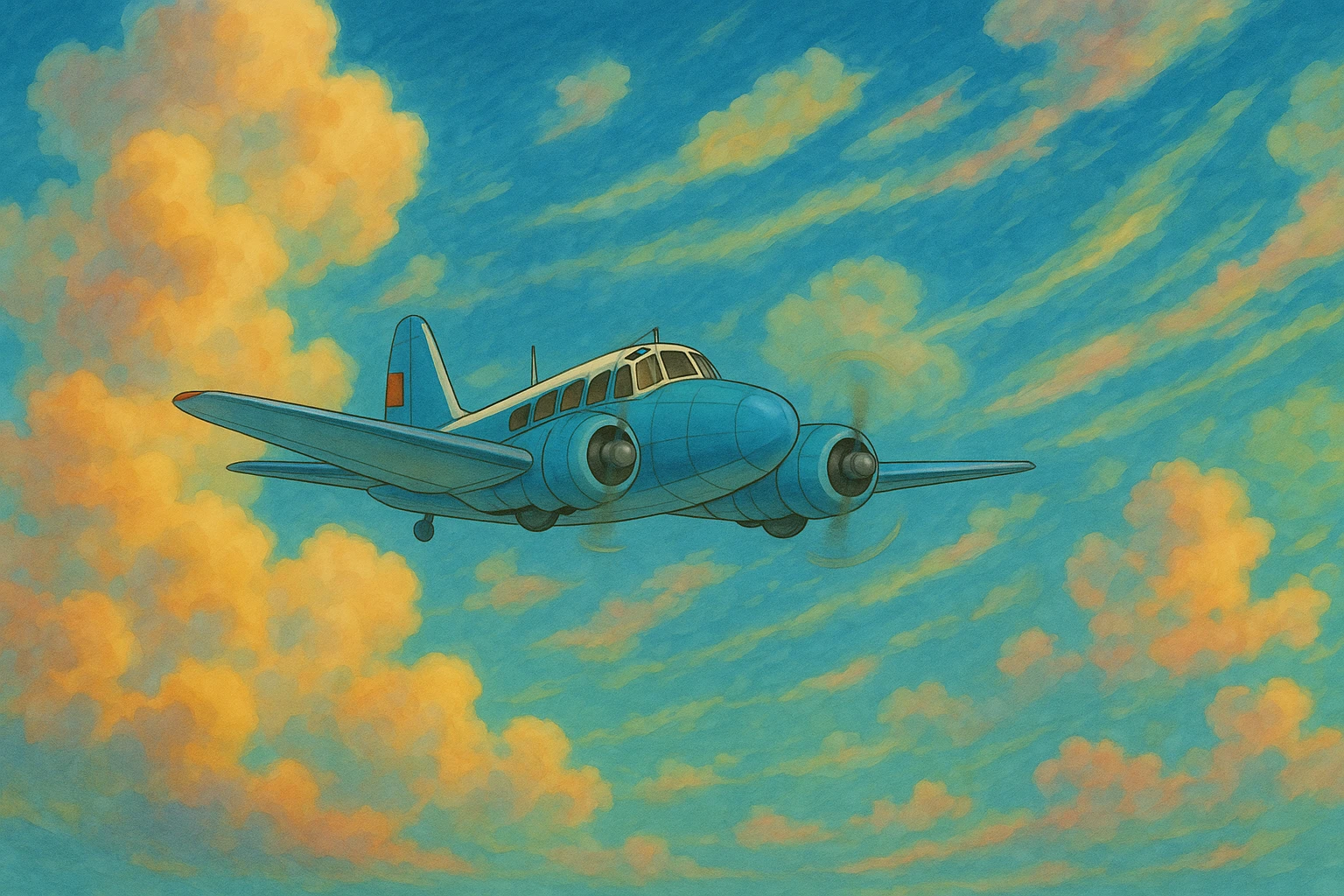 Make the airplane blue and white, keep the original Ghibli style. emoji