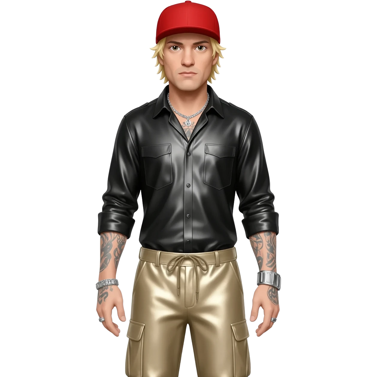 Fred Durst with blonde hair, red cap, black metallic shirt, beige metallic baggy pants, silver necklace emoji