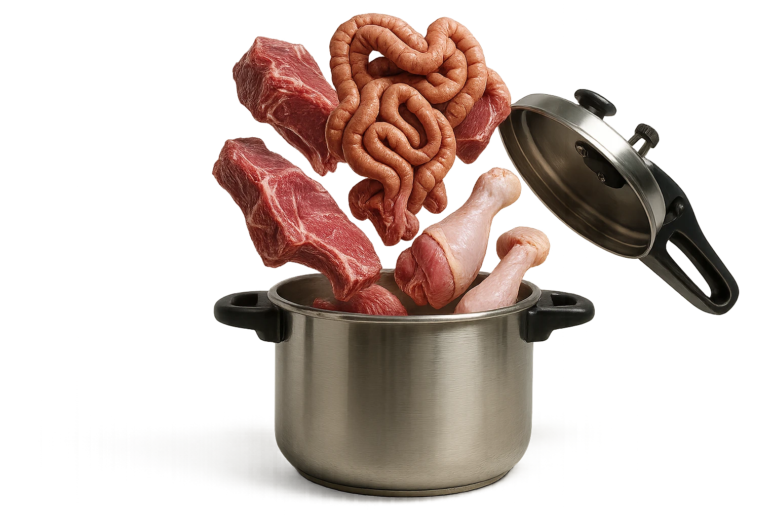 una pentola a pressione dentro cui cadono agnello, pollo e tacchino crudi da cuocere e un intestino umano anatomico realistico, iperrealistico 4k emoji
