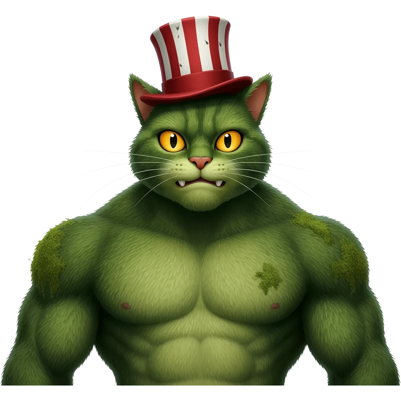 Shrek’s broad build and swampy texture—mixed with the tall, lanky proportions of the Cat in the Hat. He has small ogre ears poking through a slightly tattered red-and-white striped top hat. emoji