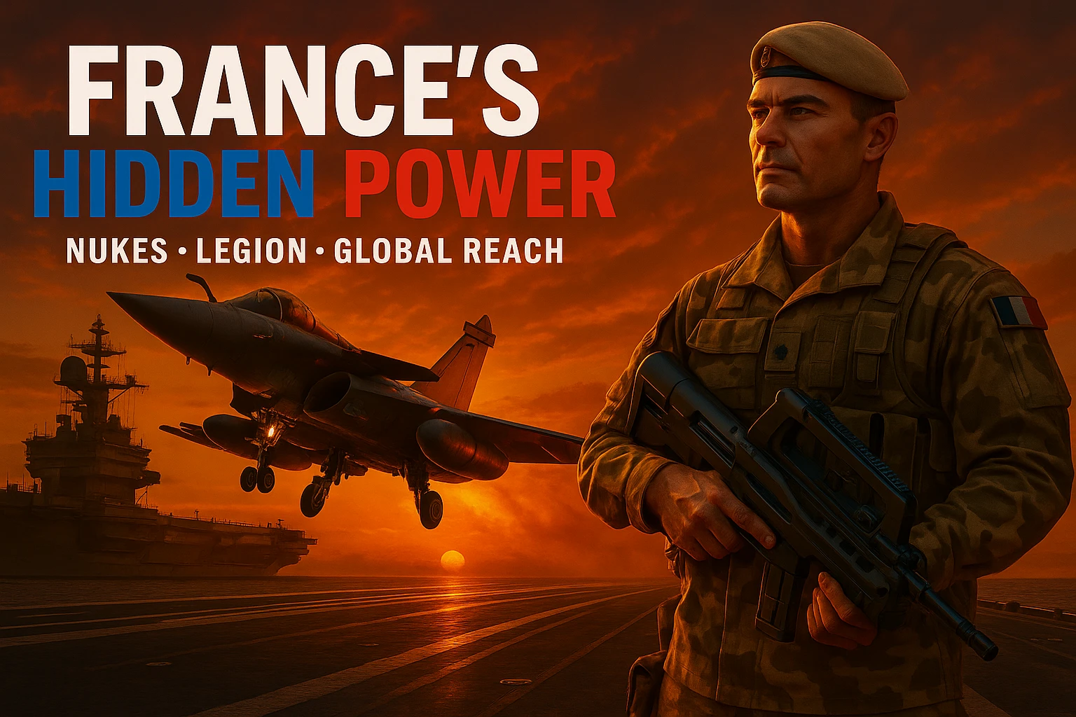 Reformat the image for a YouTube video thumbnail with a 16:9 aspect ratio. Include a bold and readable tricolor headline 'FRANCE’S HIDDEN POWER' and clear subtext 'Nukes • Legion • Global Reach'. Ensure a dramatic 8K scene with a Rafale jet taking off from Charles de Gaulle at sunset, and a Foreign Legionnaire in desert camo holding a futuristic weapon in the foreground. The style should be epic, high contrast, vibrant colors, optimized for YouTube thumbnail visibility. emoji