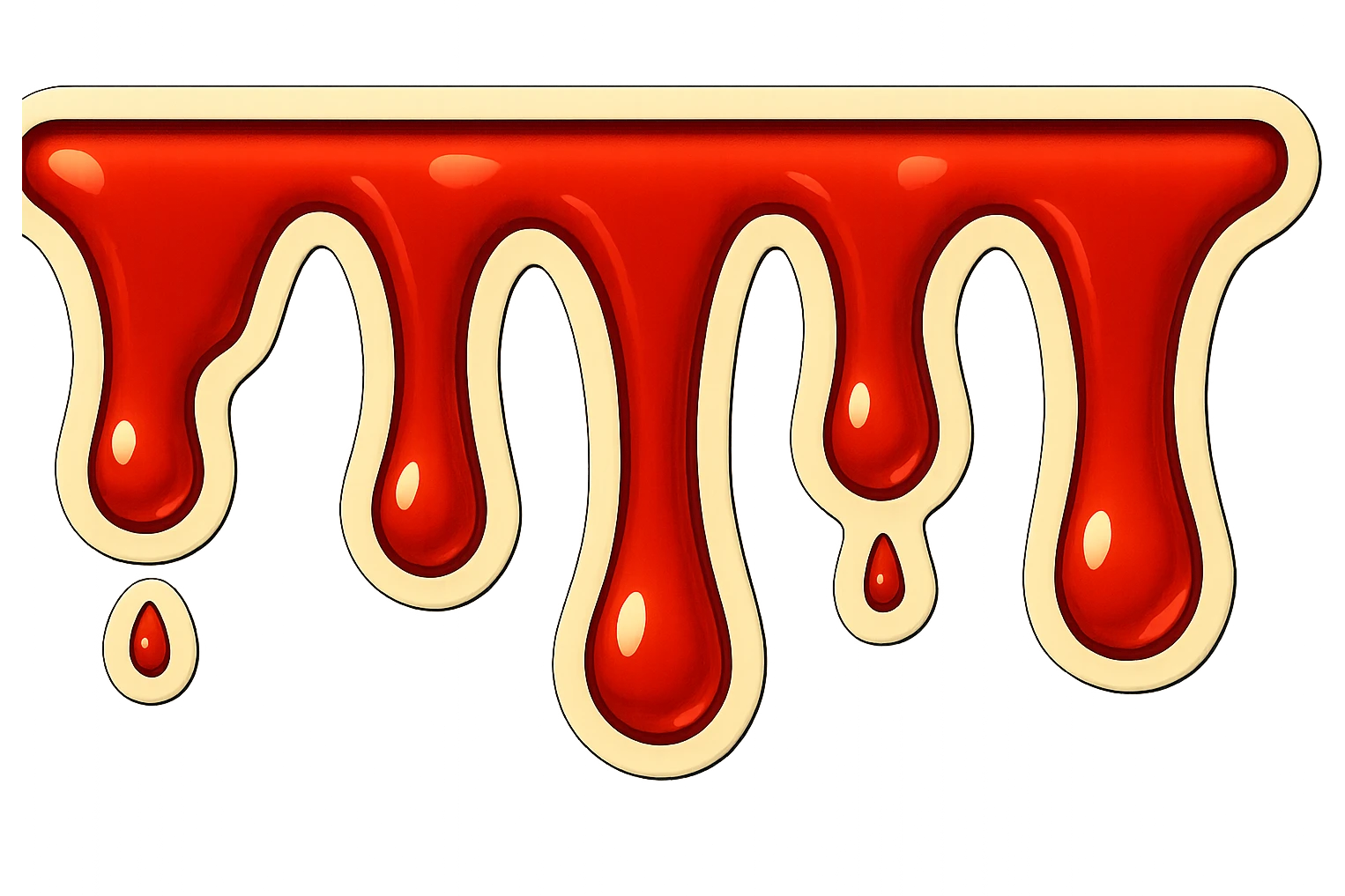 Reduce the blood drip lengths by 70% so they hang much less low, keeping the drips at different lengths. Make the image three times longer horizontally with the same vertical height. Maintain the retro sticker style with a transparent background. emoji