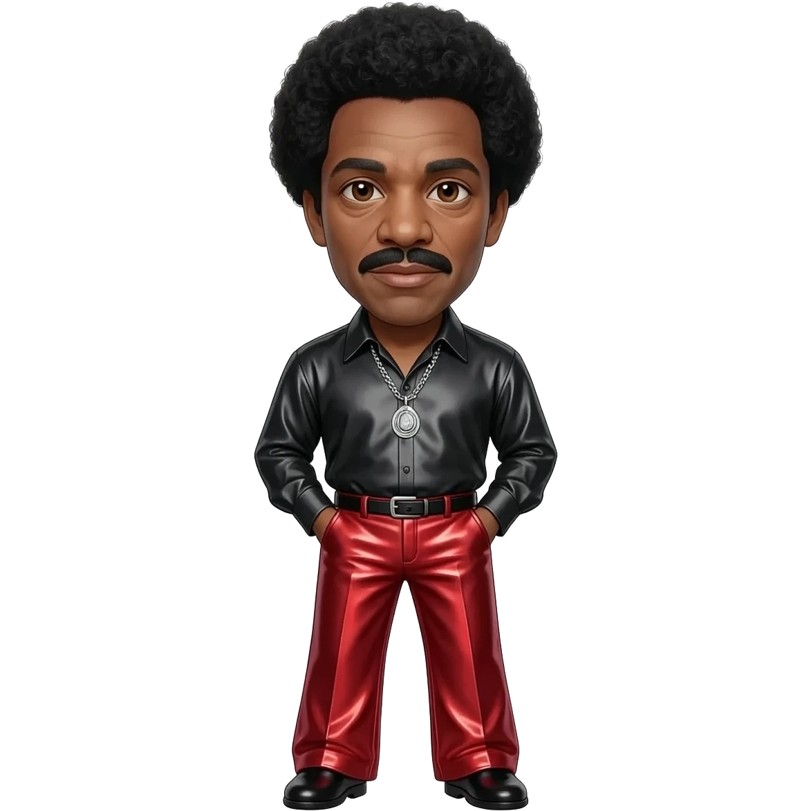 Richard Pryor with dark brown eyes, black hair, black metallic shirt, red metallic wide leg pants, silver necklace emoji